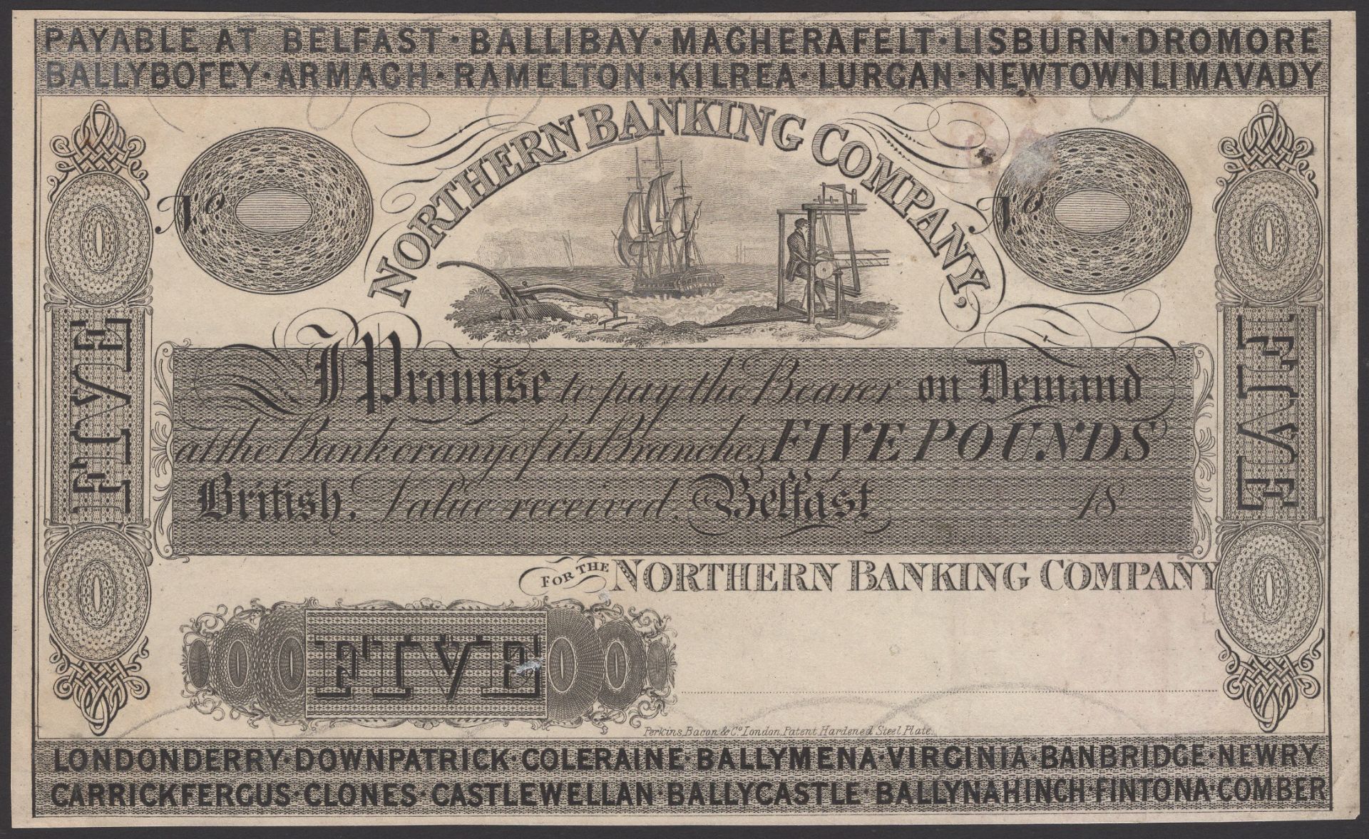 Northern Banking Company, proof Â£5, 18- (c.1866), no signatures or serial numbers, 25 branch...