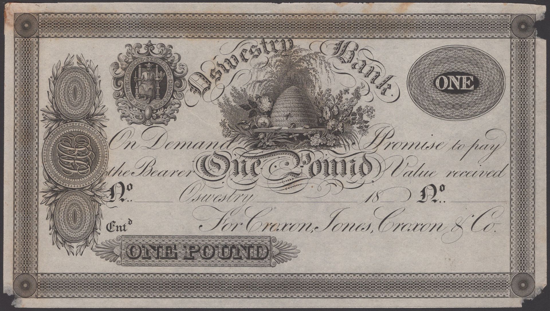Oswestry Bank, for Croxon, Jone, Croxon & Co., proof Â£1, 18-, no signature or serial number,...