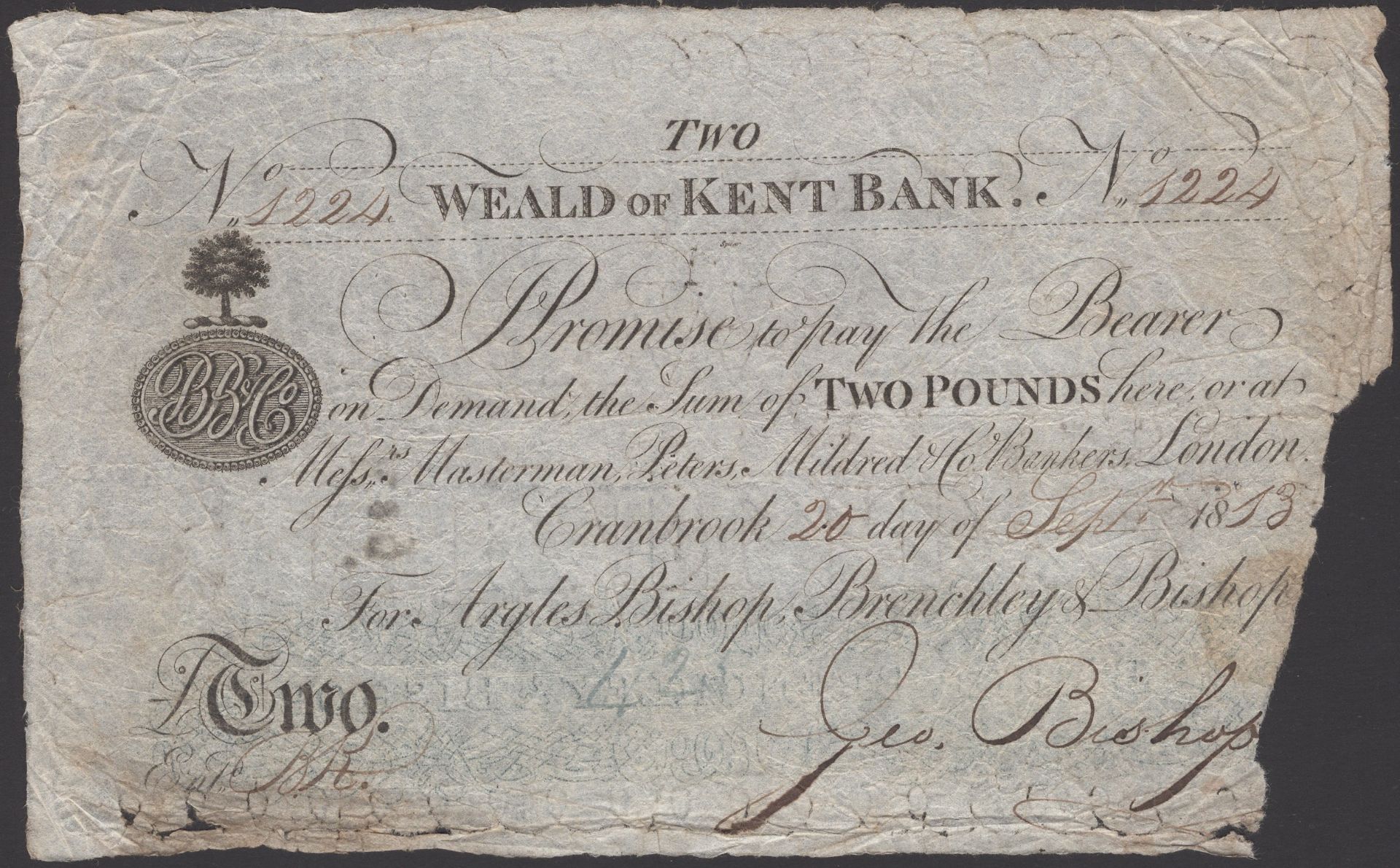 Weald of Kent Bank, Cranbrook, for Argles, Bishop, Brenchley & Bishop, Â£2, 20 September 1813...