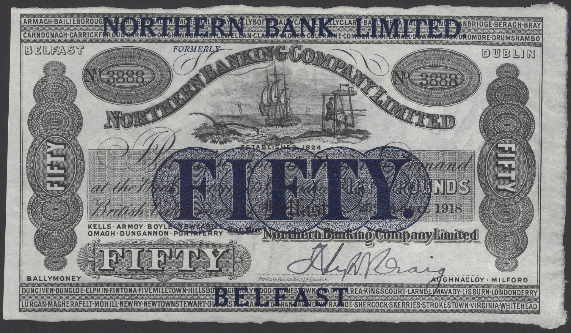 Northern Bank Limited, Â£50, 25 April 1918 (1929), serial number 3888, Craig signature, blue-...