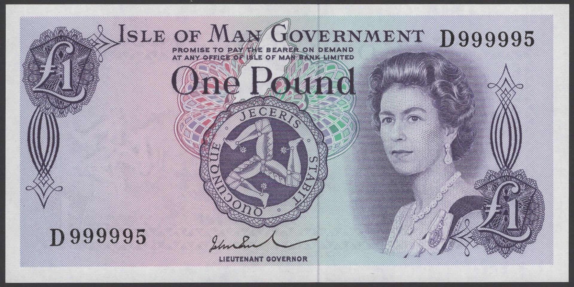 Isle of Man Government, John W. Paul, Â£1, ND (1974), serial number D999995, a superb origina...