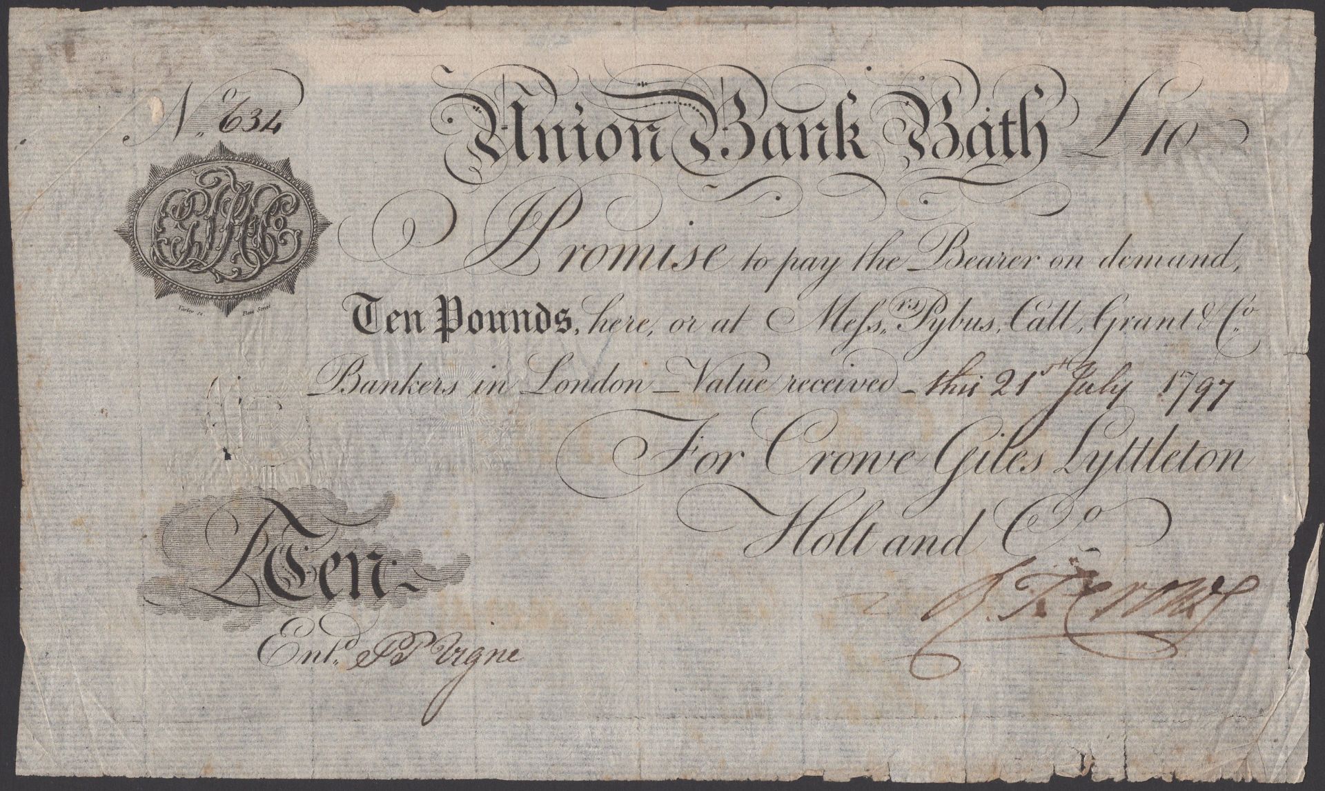 Union Bank, Bath, for Crowe, Giles, Lyttleton, Holt & Co., Â£10, 21 July 1797, serial number...