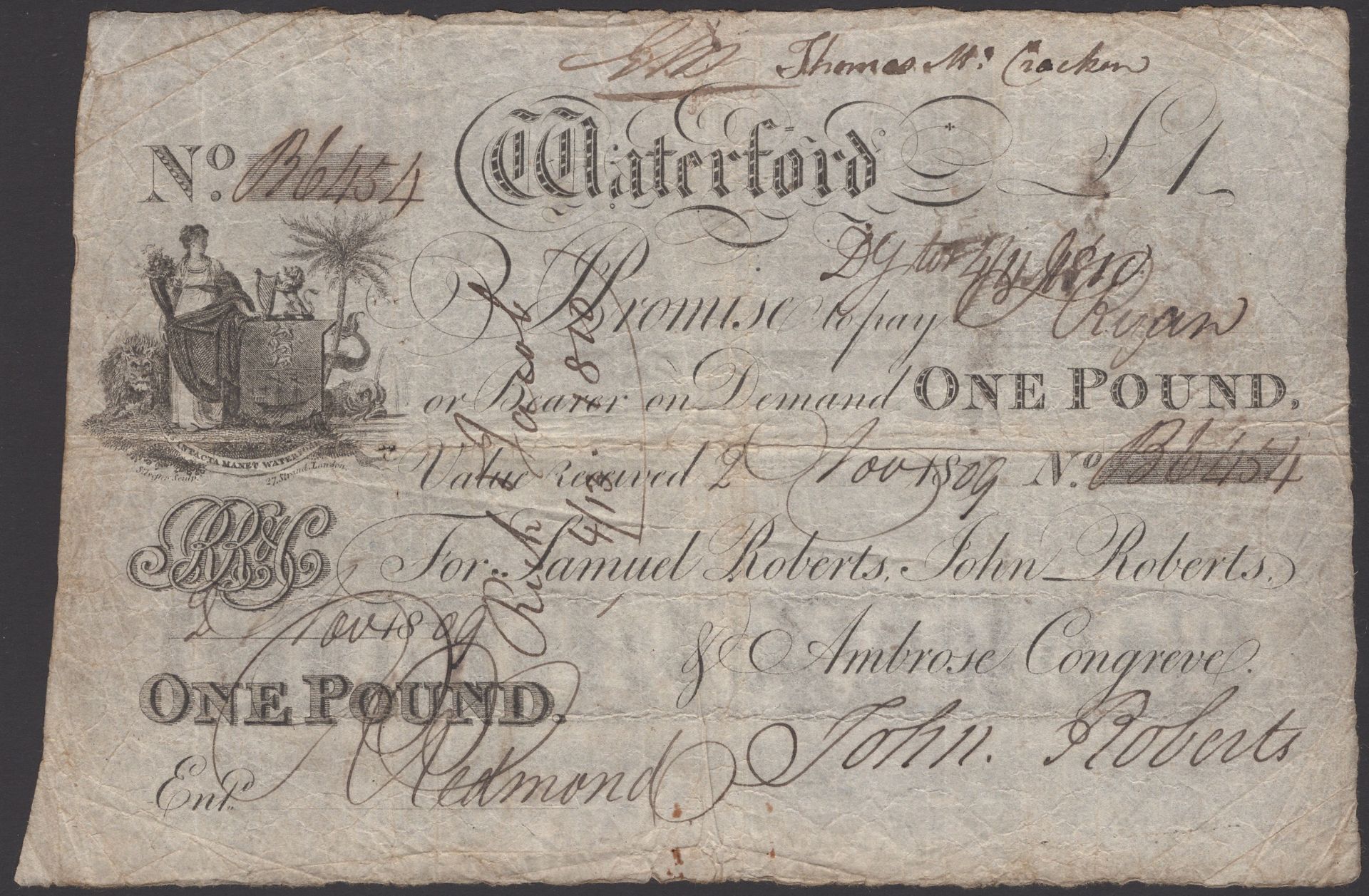 Waterford Bank, for Roberts, Roberts and Congreve, Â£1, 2 November 1809, serial number B6454,...