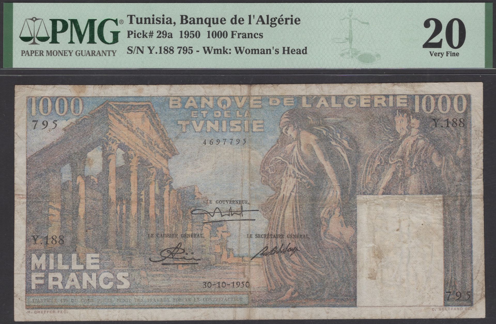 Banque de l'Algerie et de la Tunisie, 1000 Francs, 30 October 1950, serial number Y.188 795,...