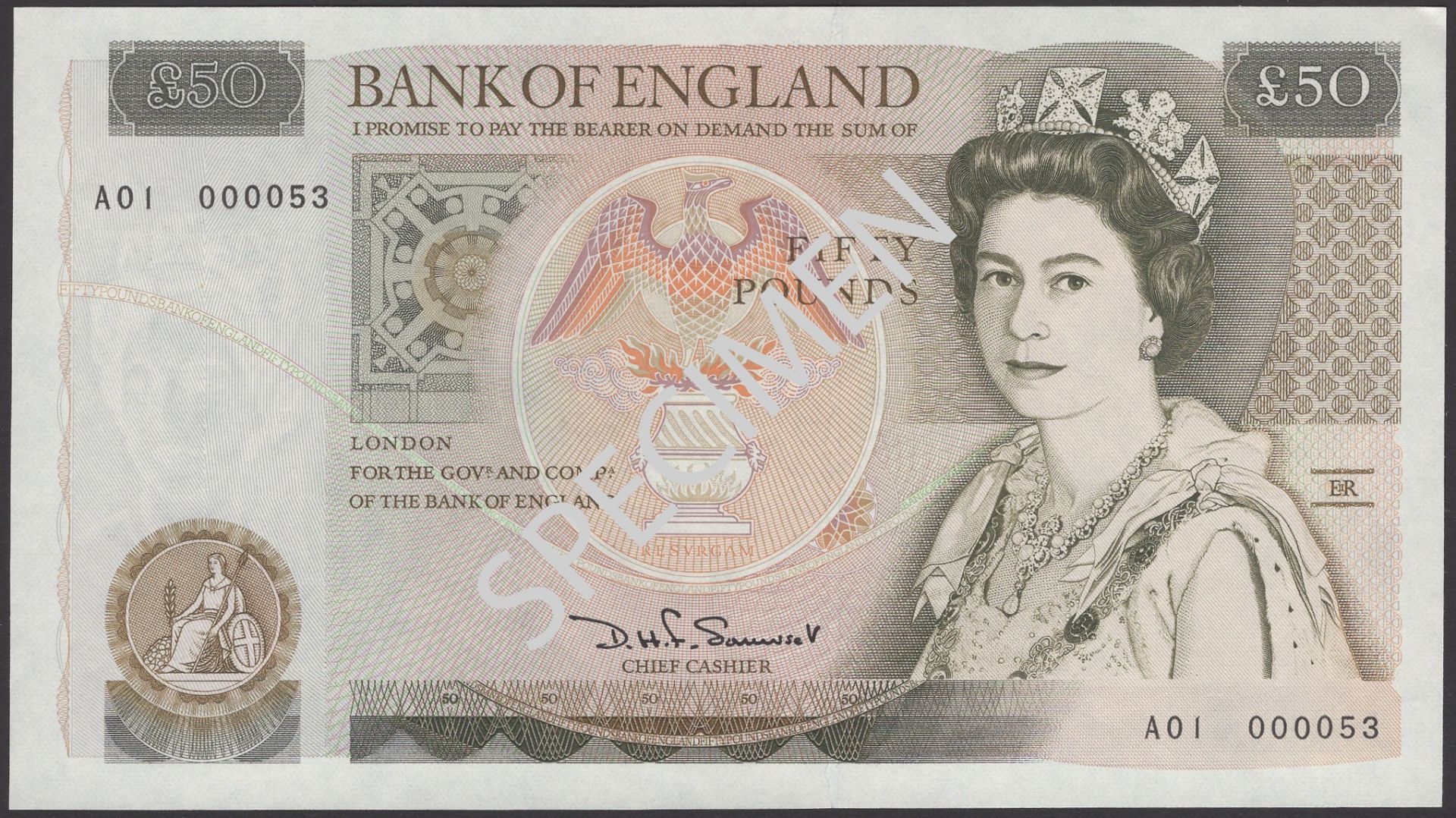 Bank of England, David H. F. Somerset, Â£50, 20 March 1981, serial number A01 000053, fresh a...