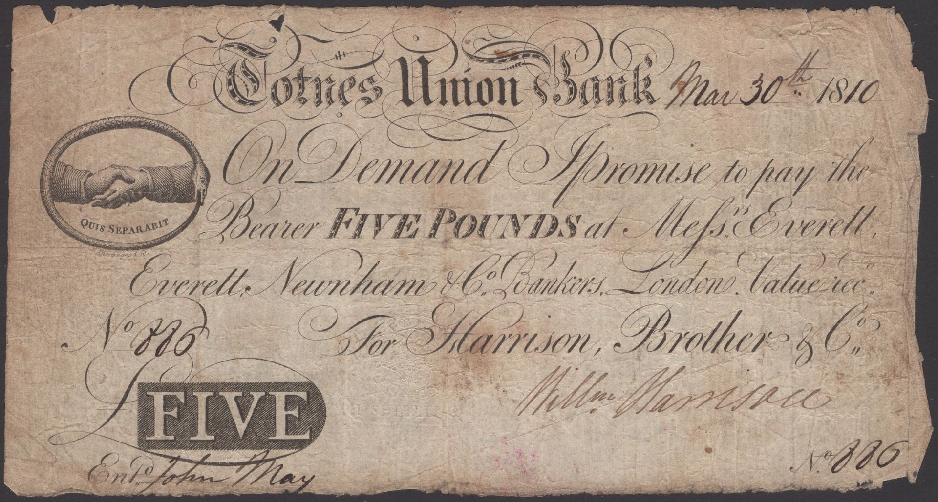 Totnes Union Bank, for Harrison, Brother & Co., Â£5, 30 March 1810, serial number 886, Willia...