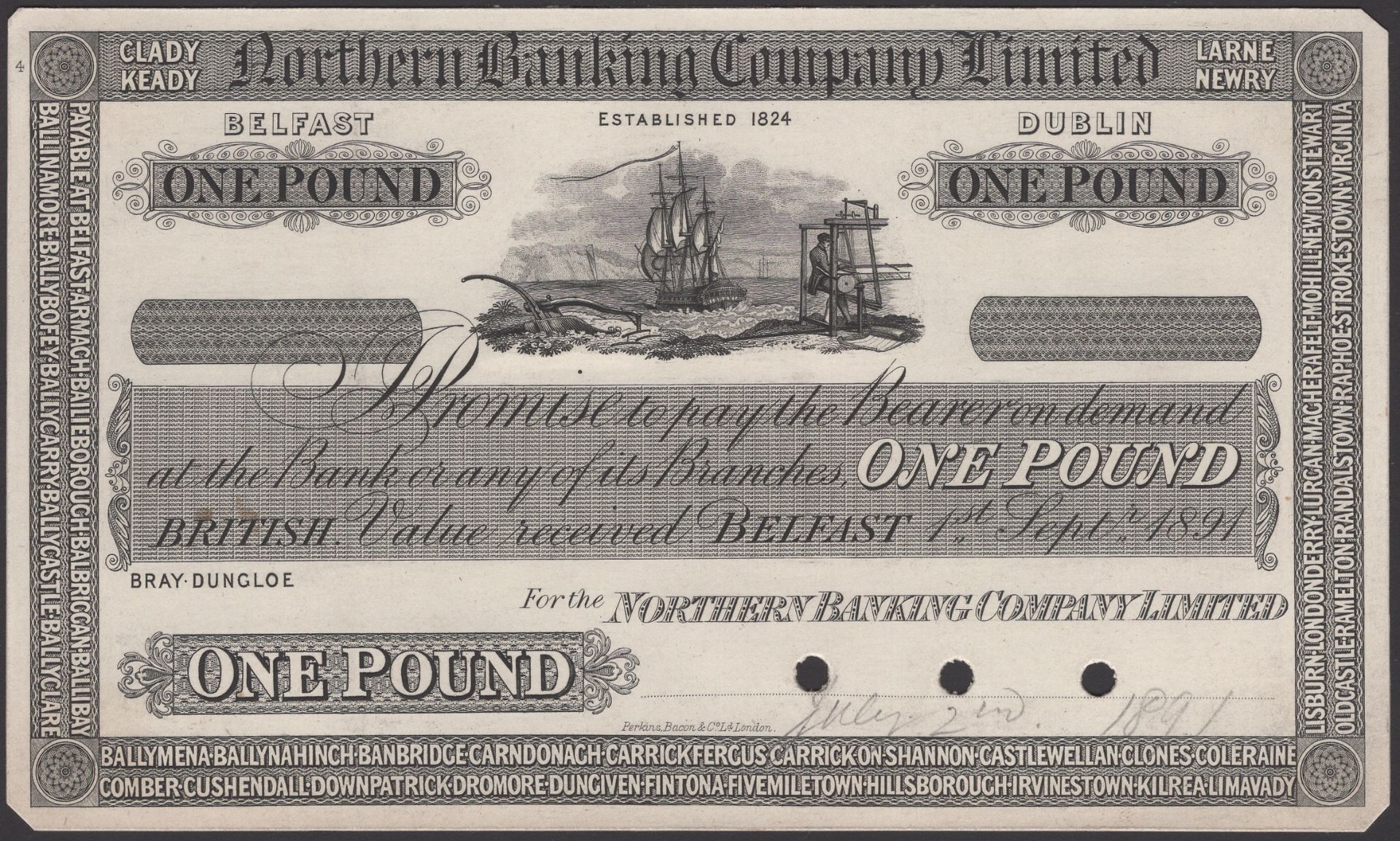 Northern Banking Company Limited, proof Â£1 on card, 1 September 1891, no signatures or seria...