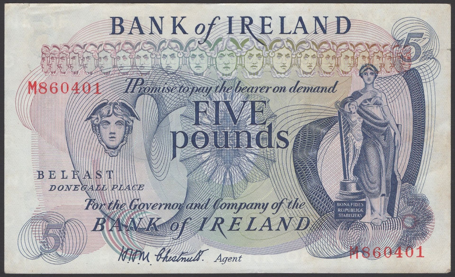 Bank of Ireland, Â£5, 1968, serial number M860401, Chestnutt signature, two tiny edge nicks,...