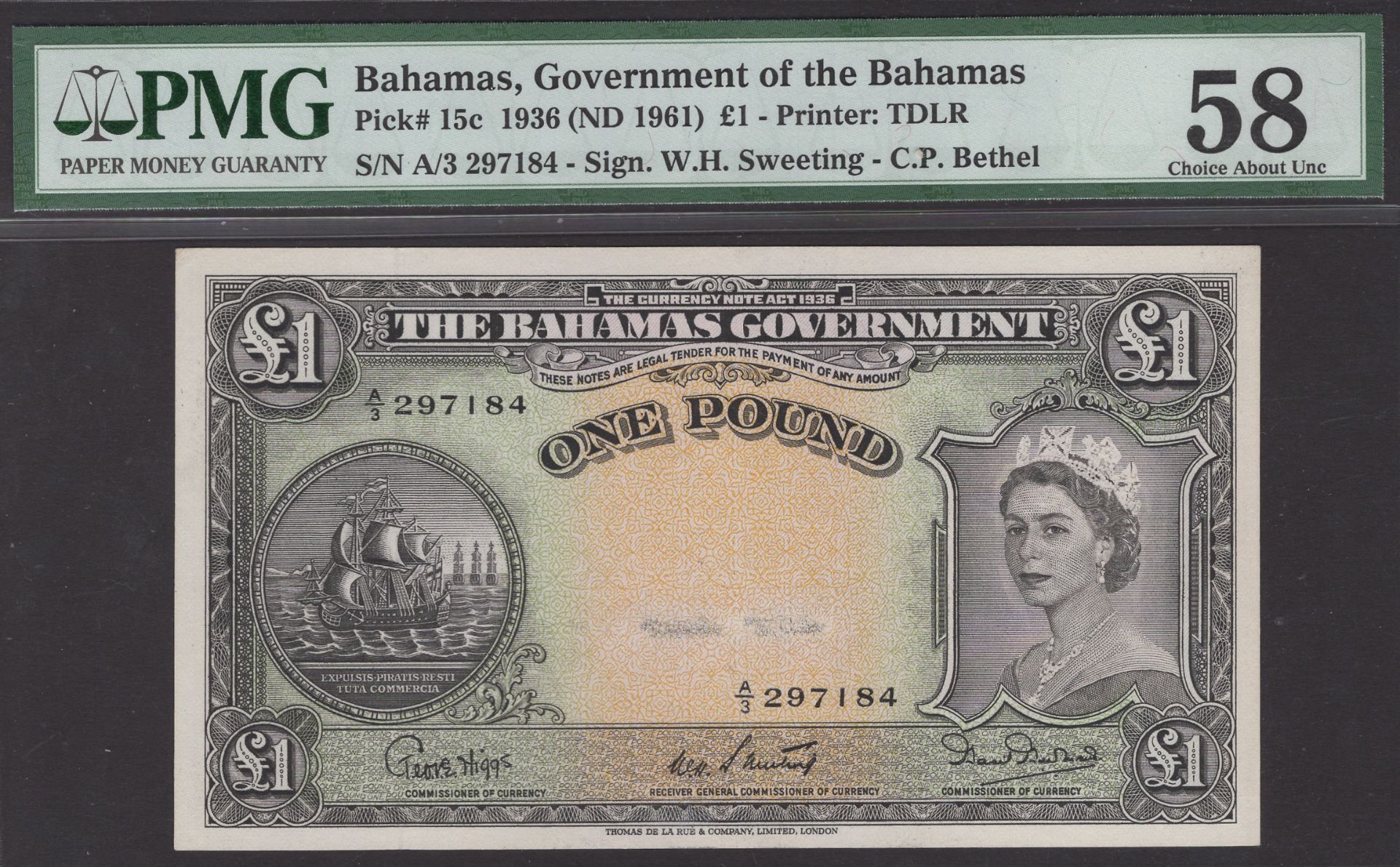 Bahamas Government, Â£1, ND (1961), serial number A/3 297184, Higgs, Sweeting and Burnside si...