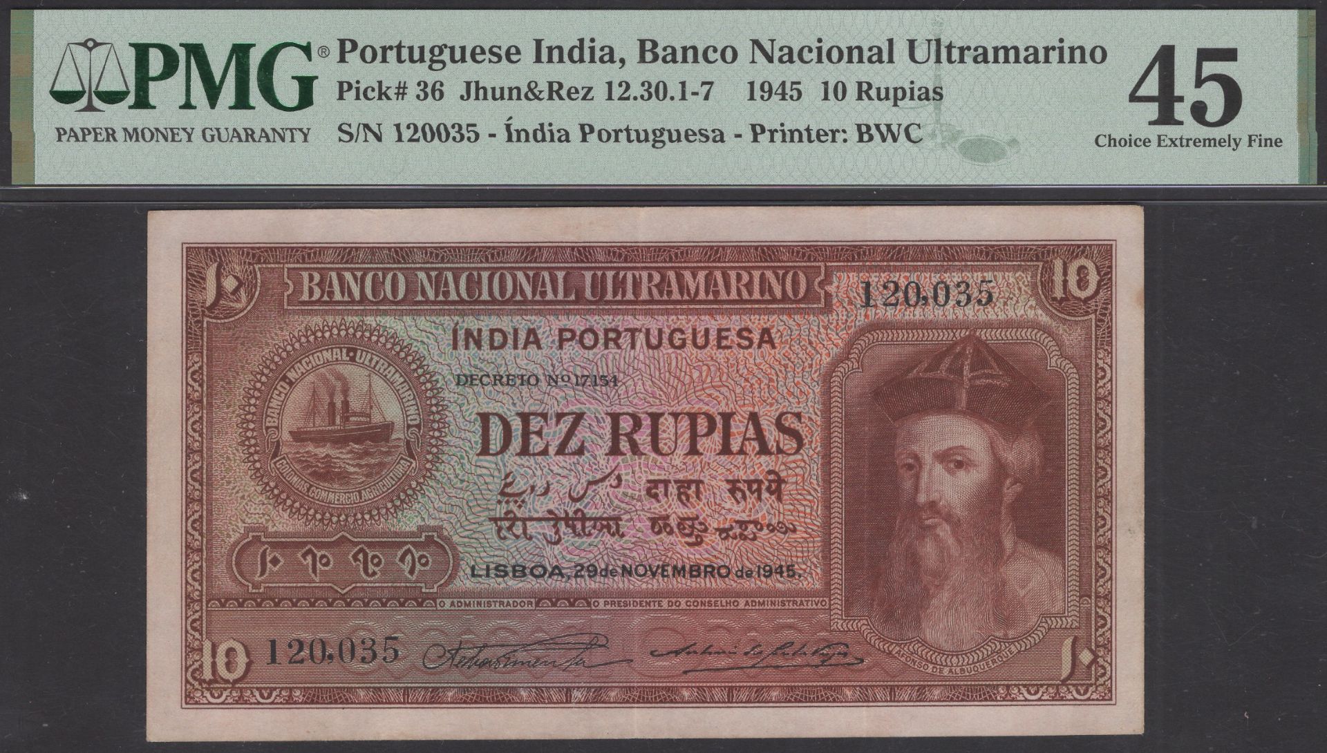 Banco Nacional Ultramarino, Portuguese India, 10 Rupias, 29 November 1945, serial number 120...