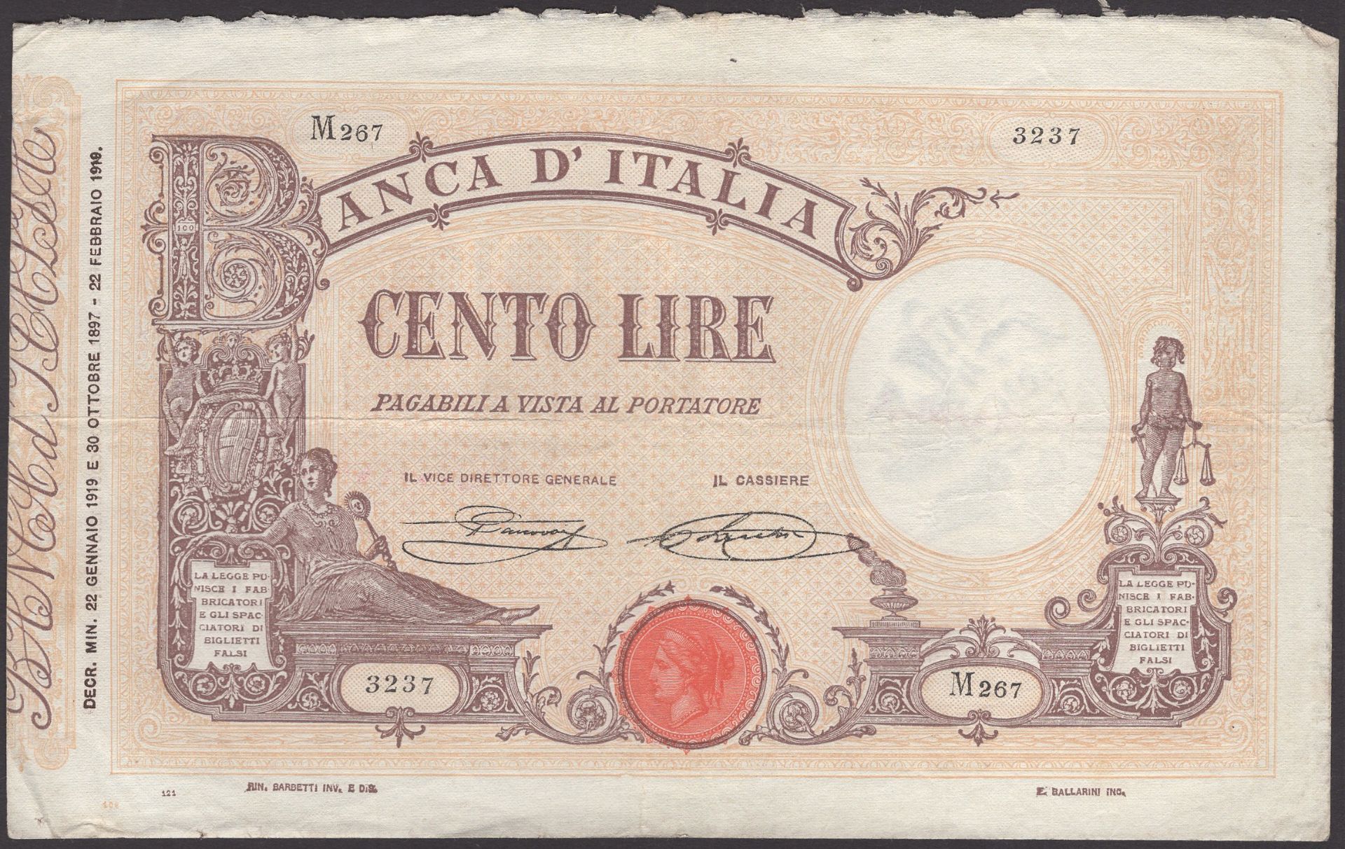 Banca d'Italia, 100 Lire, 22 January 1919, serial number M267 3237, Canovai and Saachi signa...