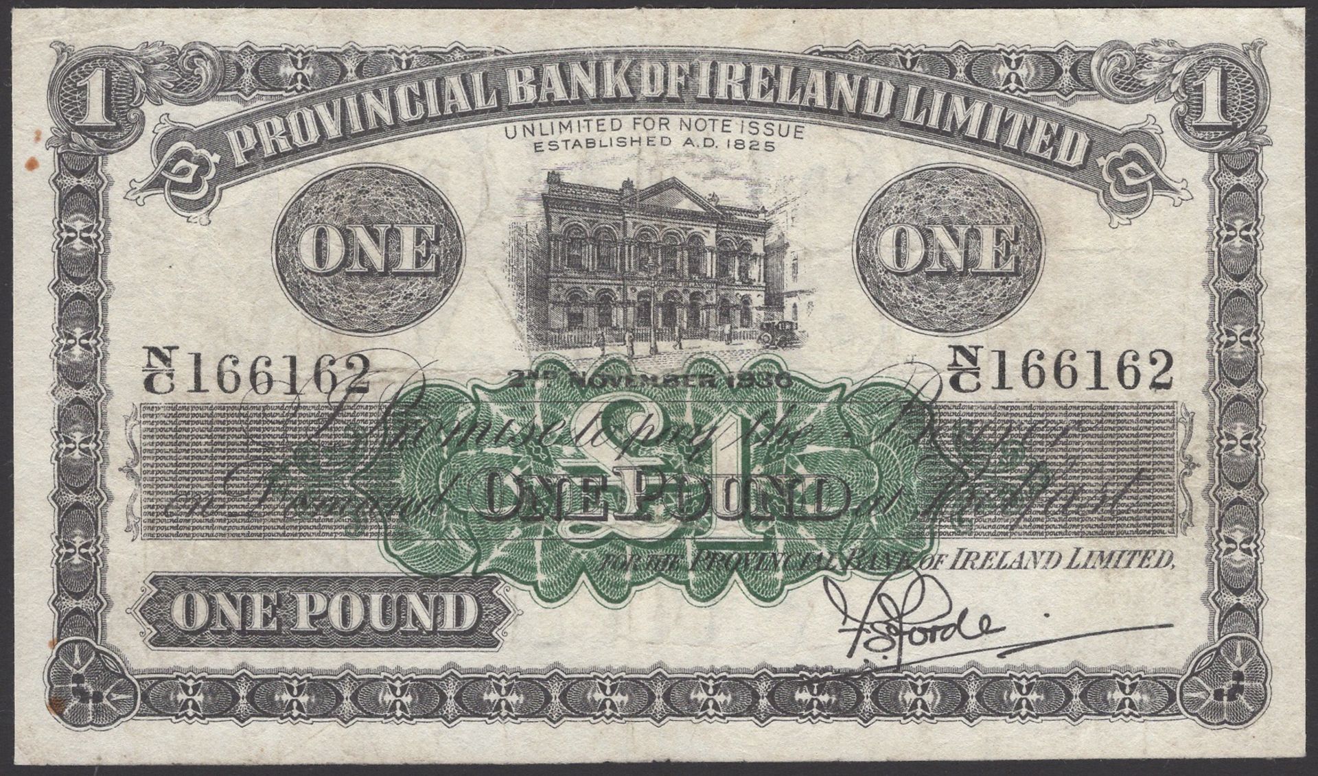 Provincial Bank of Ireland Ltd, Â£1, 2 November 1936, serial number N/C 166162, Forde signatu...