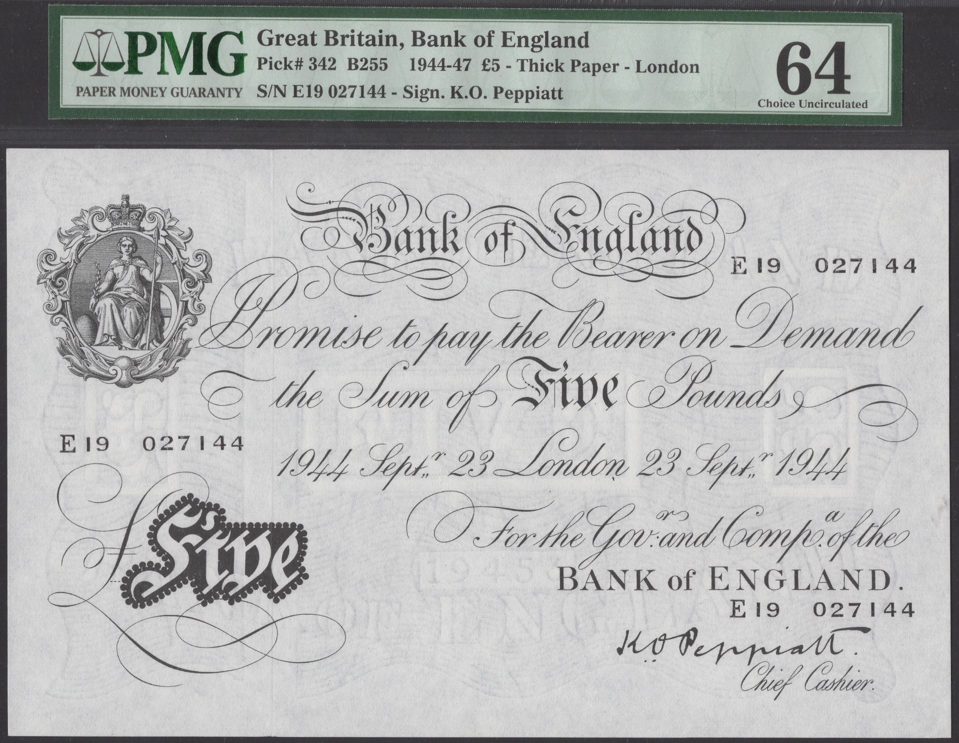 Bank of England, Kenneth O. Peppiatt, Â£5, 23 September 1944, serial number E19 027144, in PM...