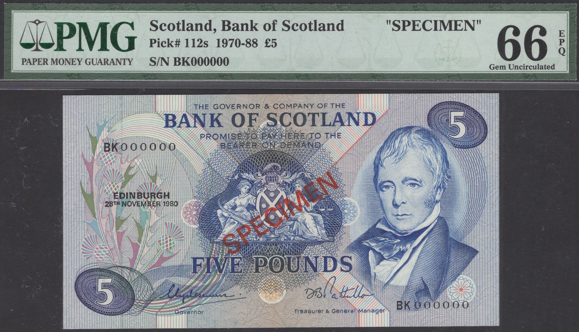Bank of Scotland, specimen Â£5, 28 November 1980, serial number BK 000000, Lord Clydesmuir an...