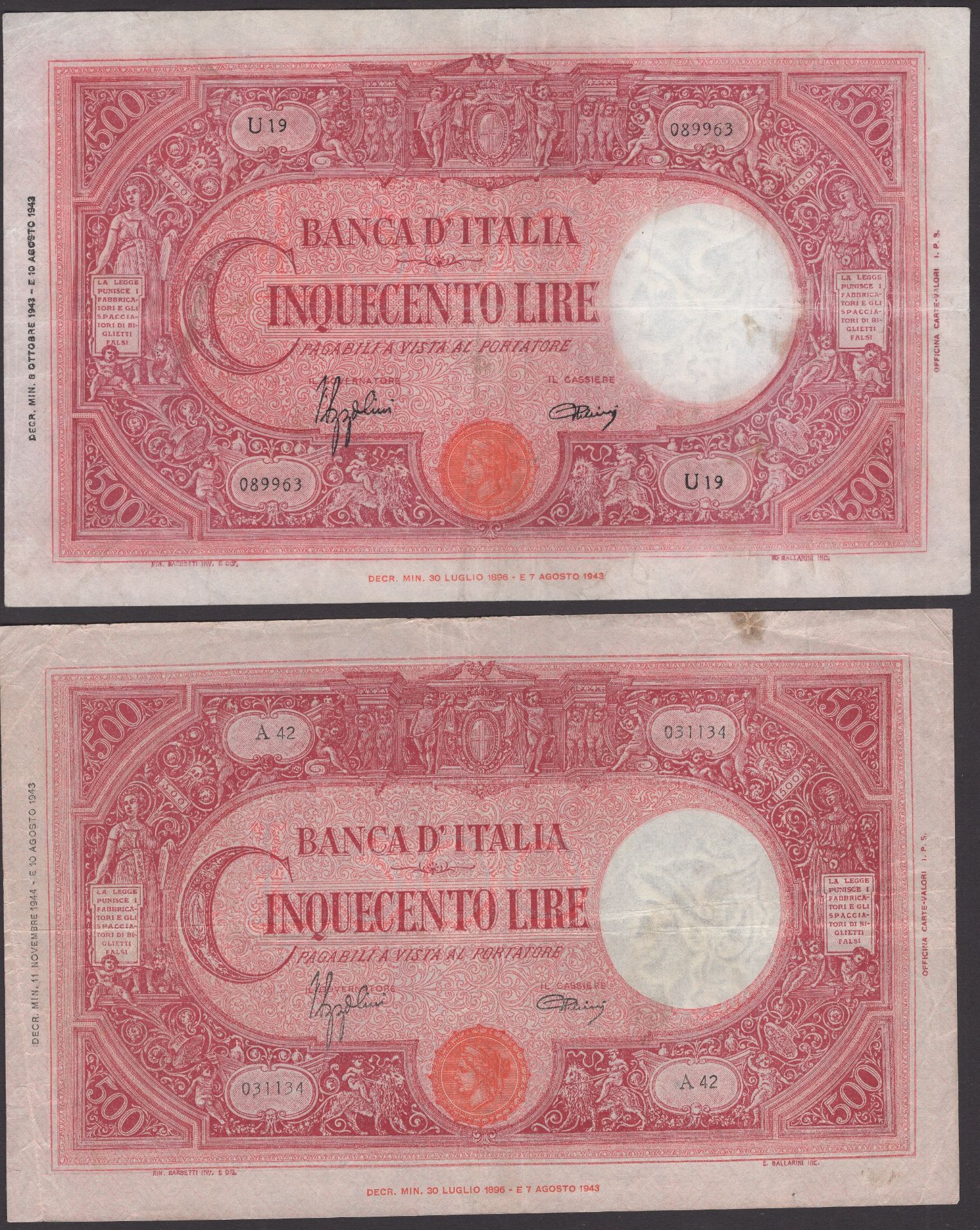 Banca d'Italia, 500 lire (2), 18 October 1943, serial number U19 089963, and 11 November 194...