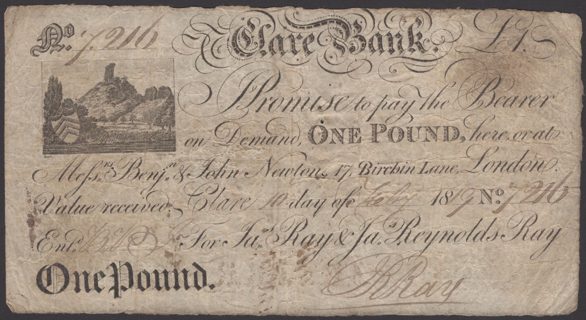 Clare Bank, for Jas Ray & Jas Reynolds Ray, Â£1, 10 February 1819, serial number 7216, signat...