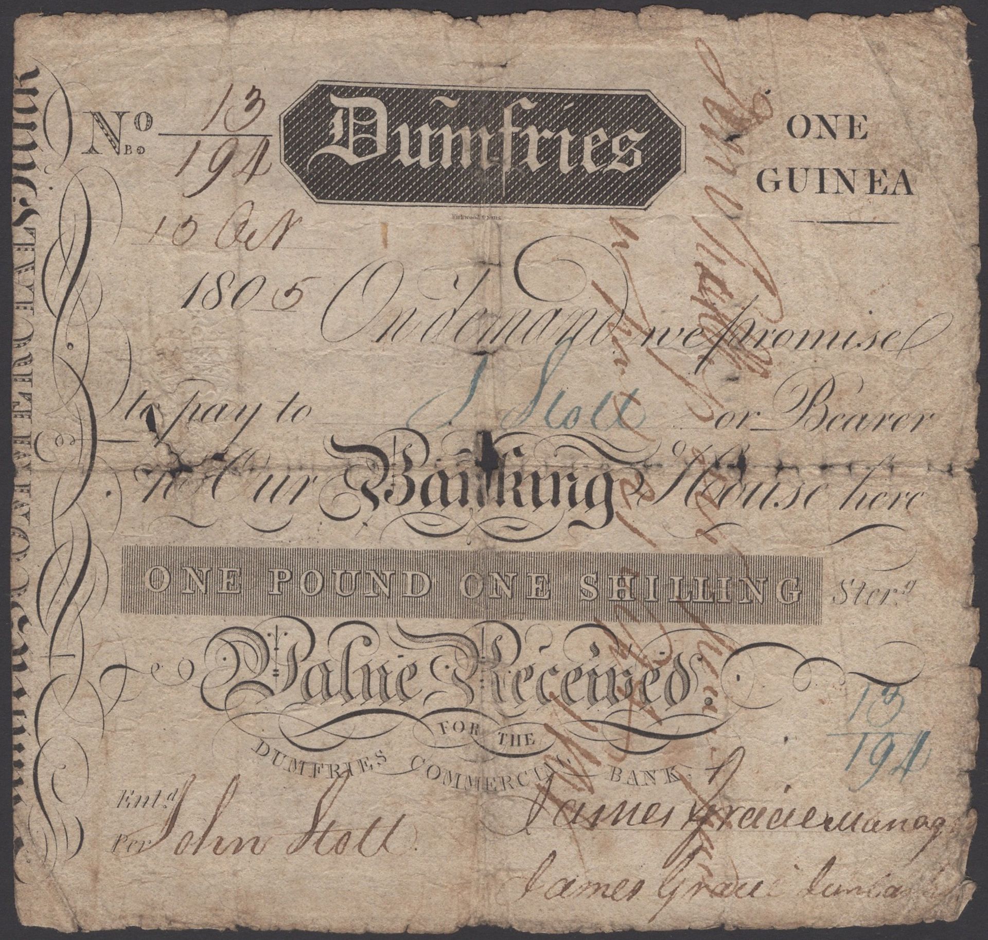 Dumfries Commercial Bank, 1 Guinea, 15 October 1805, serial number 13/194, very good and sca...
