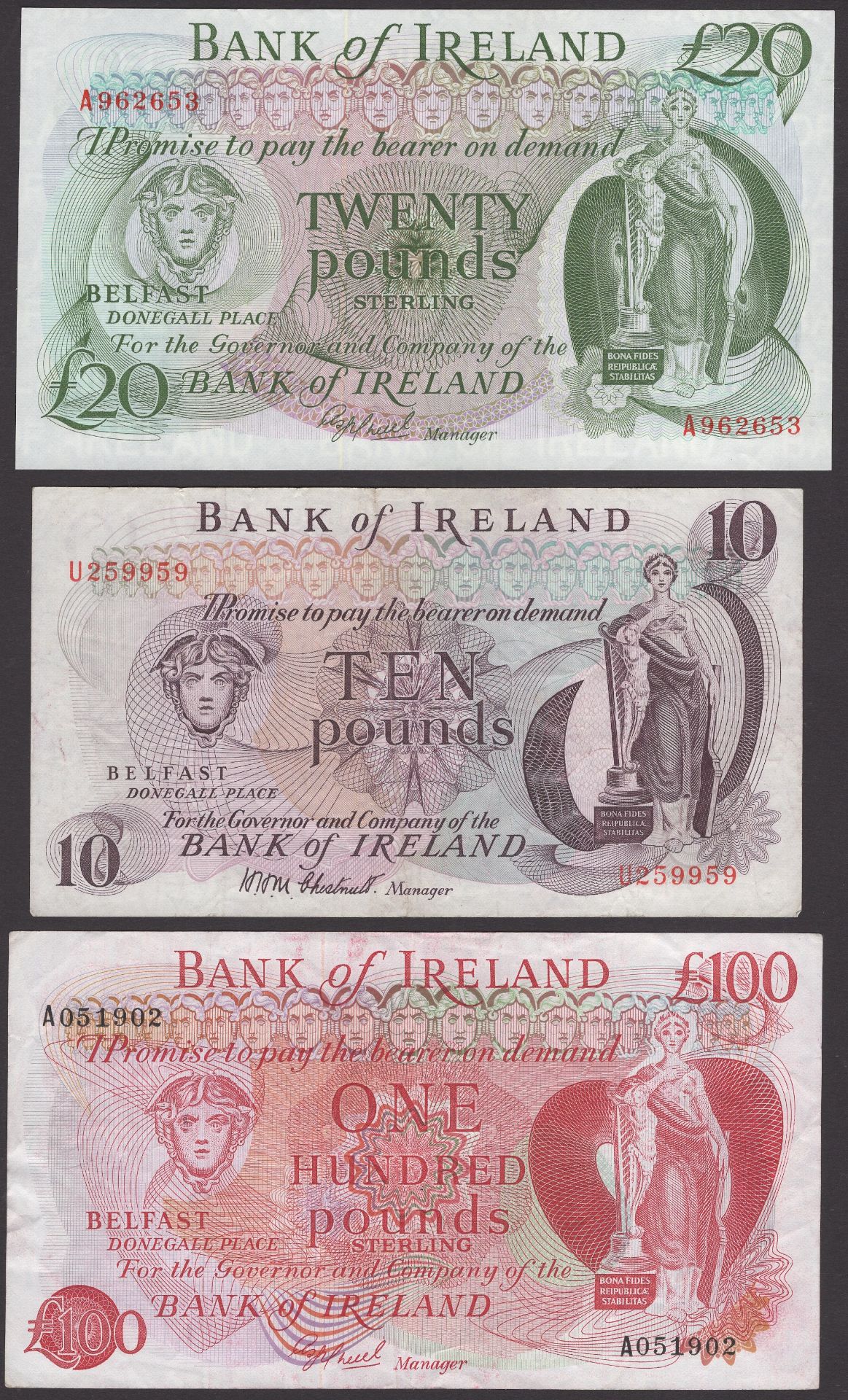 Bank of Ireland, Â£10, 1971, serial number U259959, Chestnutt signature, Â£20, 1984, serial nu...