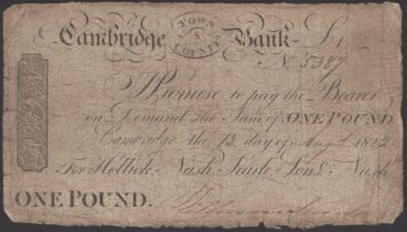 Cambridge Town & County Bank, for Hollick, Nash, Searle, Son & Nash, Â£1, 13 August 1822, ser...