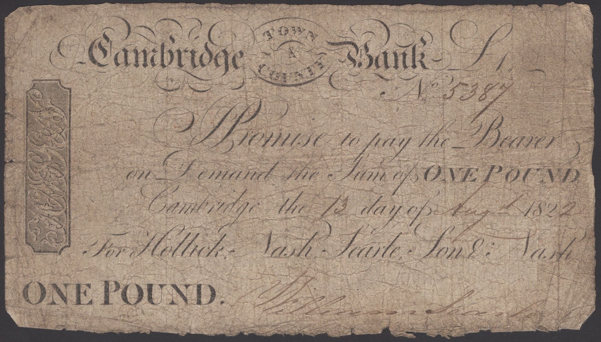 Cambridge Town & County Bank, for Hollick, Nash, Searle, Son & Nash, Â£1, 13 August 1822, ser...