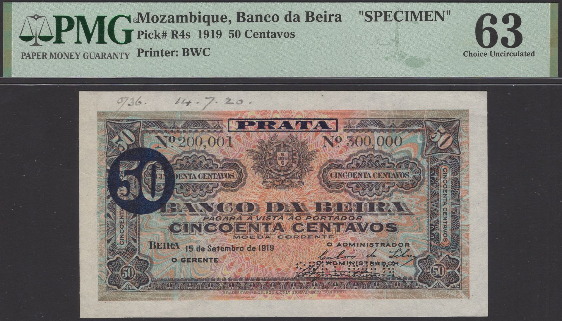 Banco da Beira, printers archival specimen 50 Centavos, 15 September 1919, serial number ran...