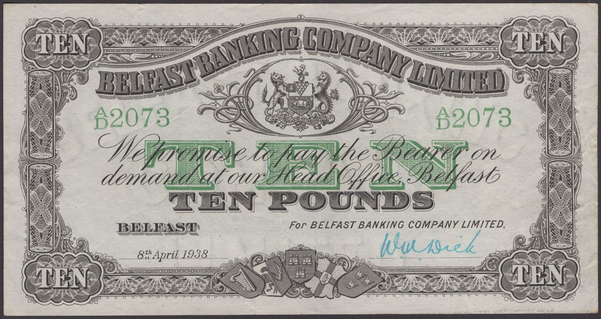 Belfast Banking Company Limited, Â£10, 8 April 1938, serial number A/D 2073, W.M Dick signatu...