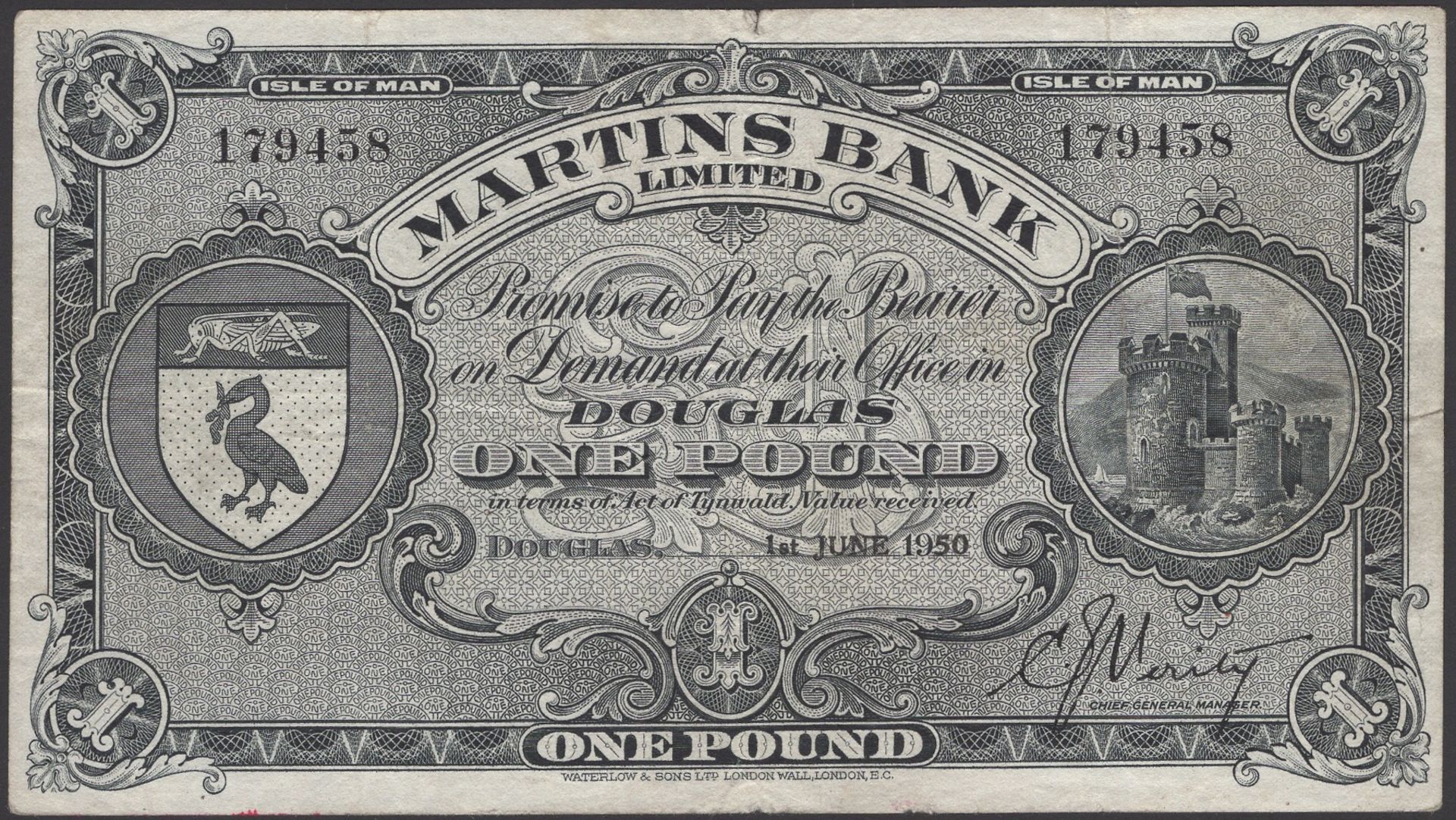 Martins Bank Limited, Â£1, 1 June 1950, serial number 179458, Verity signature, 2mm split at...