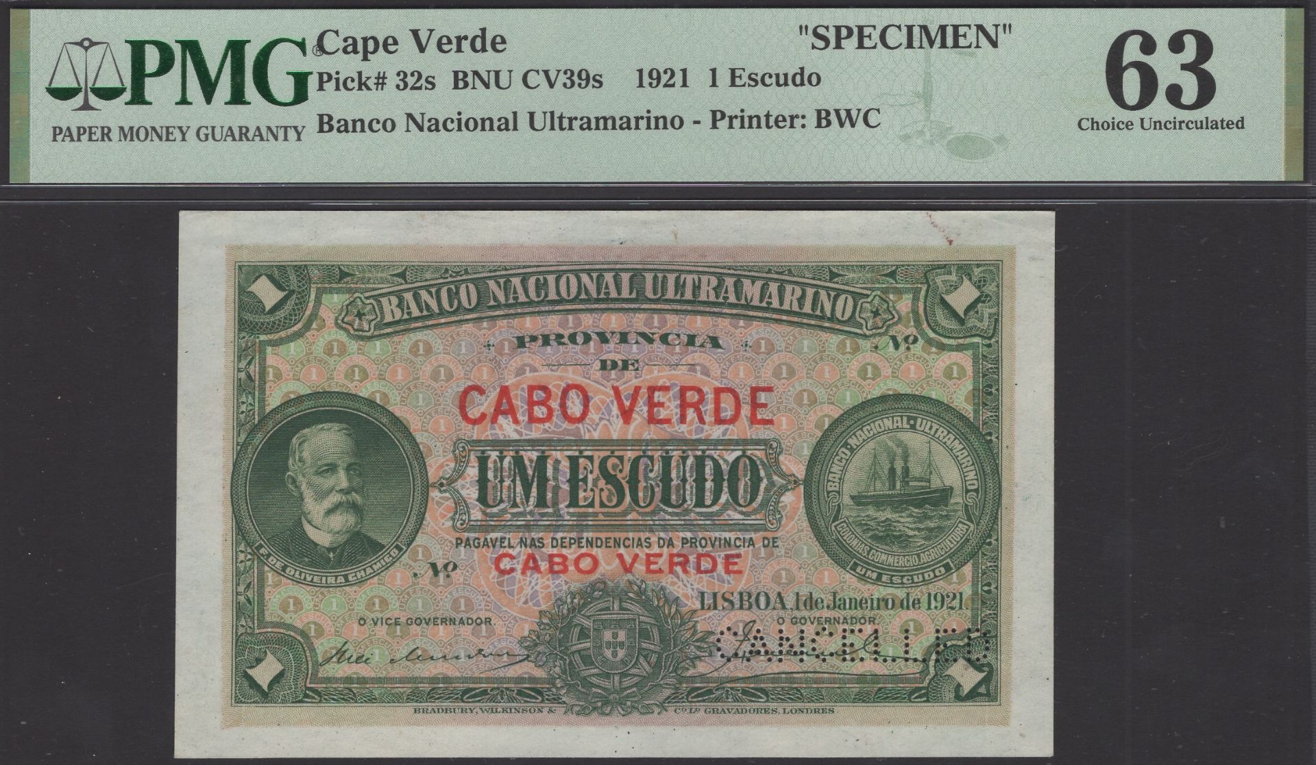 Banco Nacional Ultramarino, Cape Verde, proof 1 Escudo, 1 January 1921, no serial number, pe...
