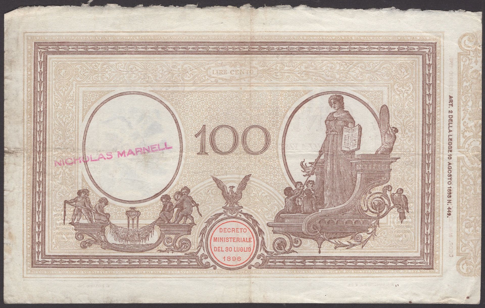 Banca d'Italia, 100 Lire, 22 January 1919, serial number M267 3237, Canovai and Saachi signa... - Image 2 of 2