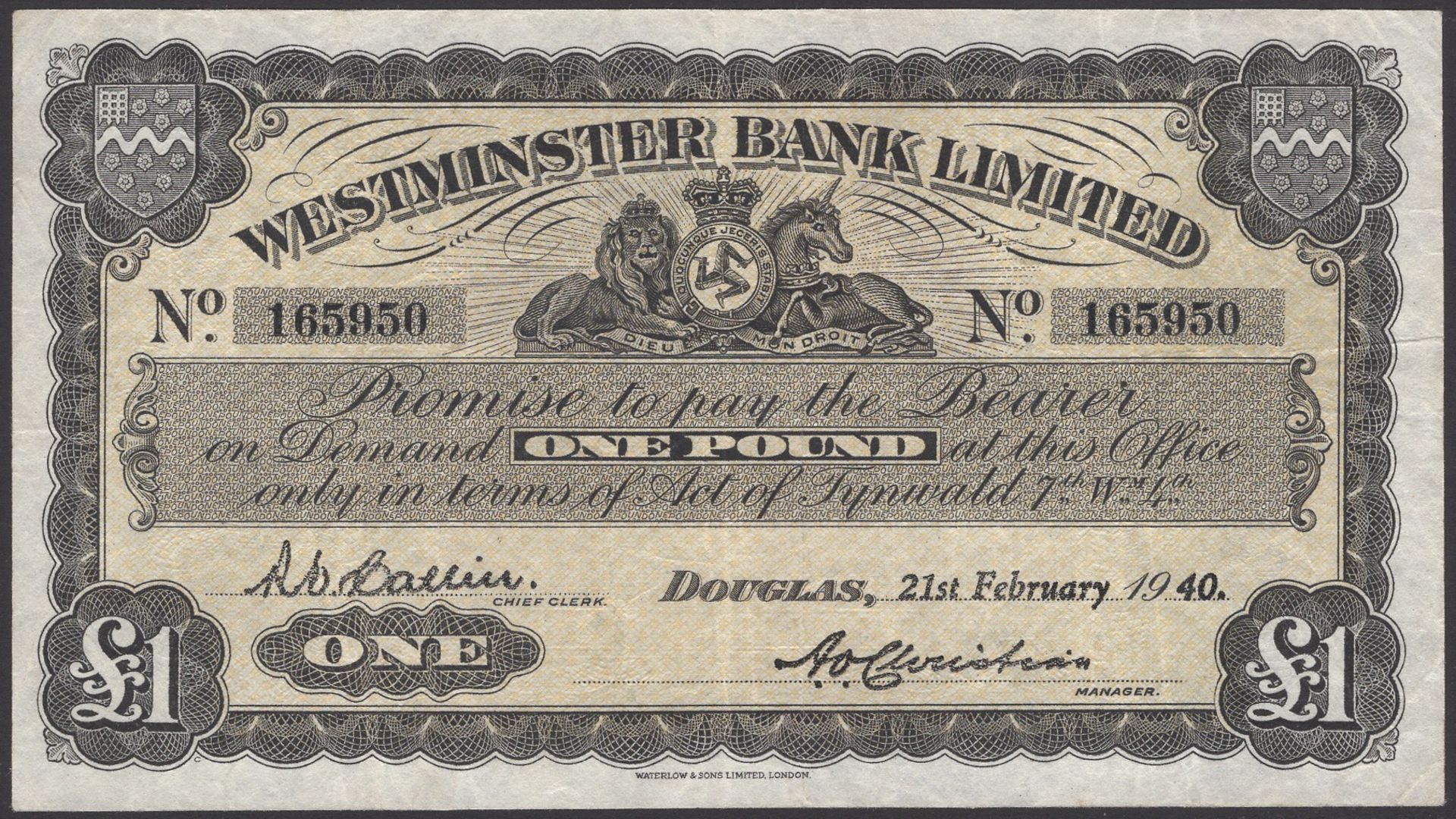 Westminster Bank Limited, Â£1, 21 February 1940, serial number 165950, Christian and Callin s...