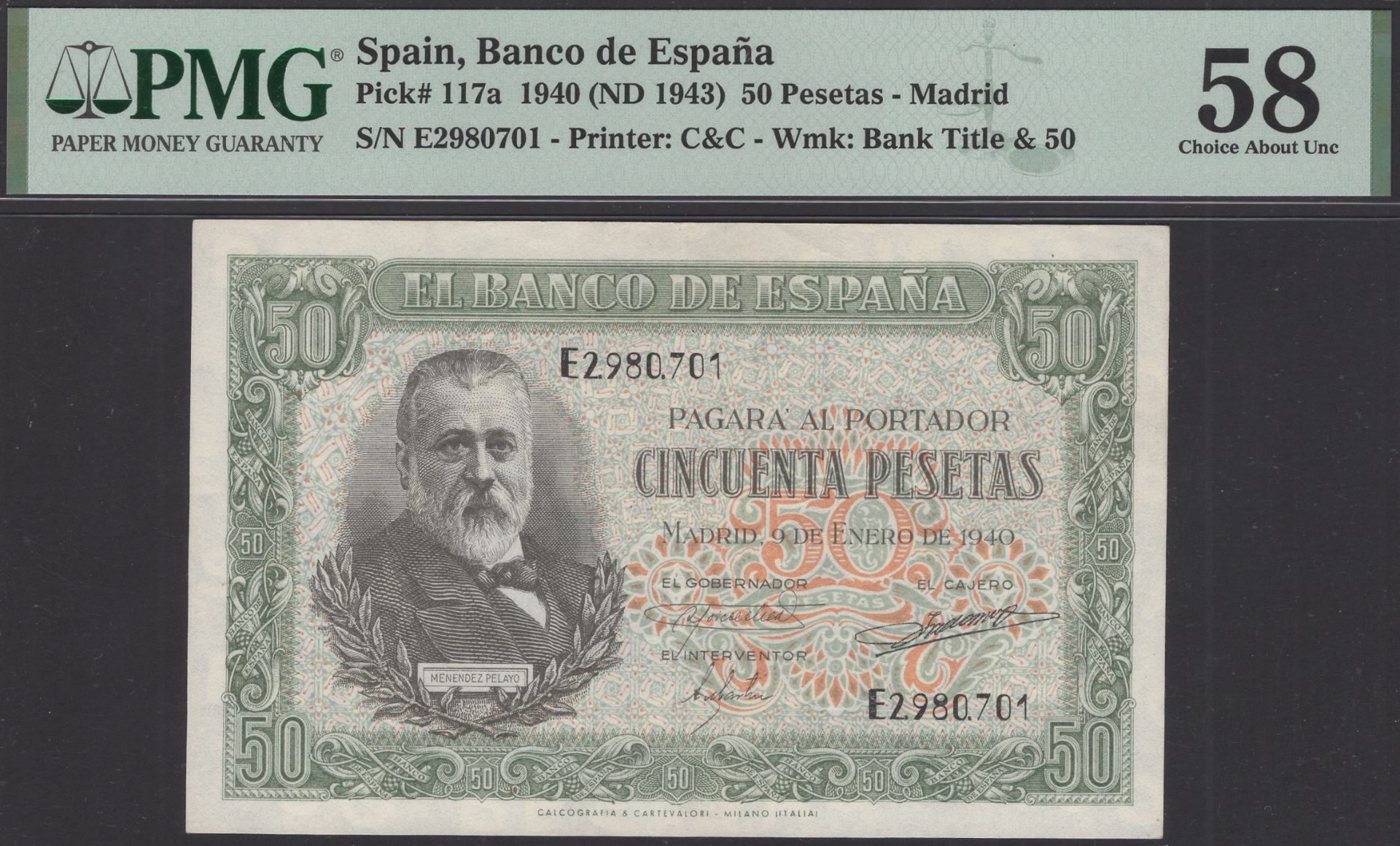 Banco de Espana, 50 Pesetas, 9 January 1940, serial number E 2980701, in PMG holder 58, choi...