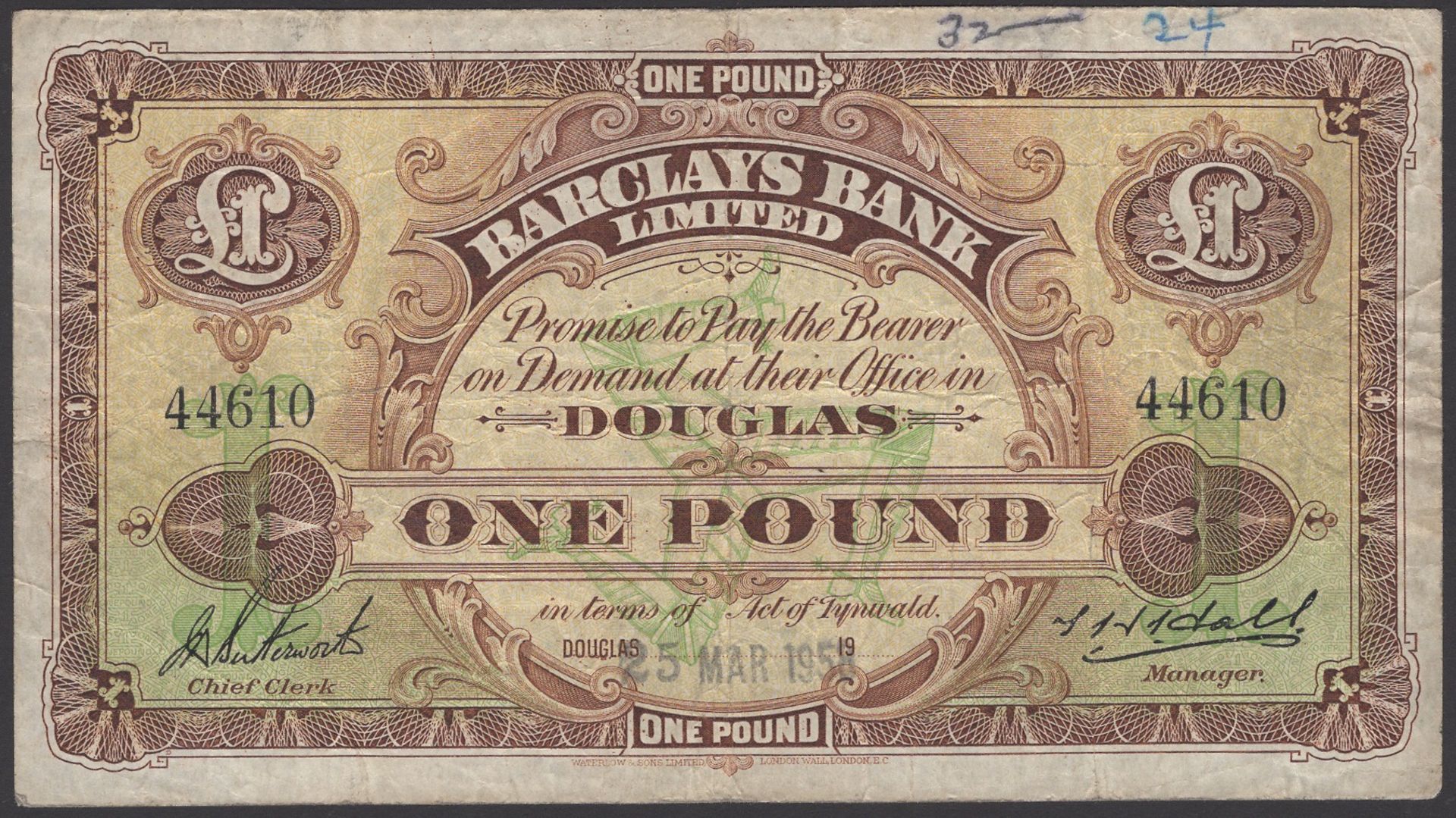 Barclays Bank Limited, Â£1, 25 March 1958, serial number 44610, Hall and Butterworth signatur...