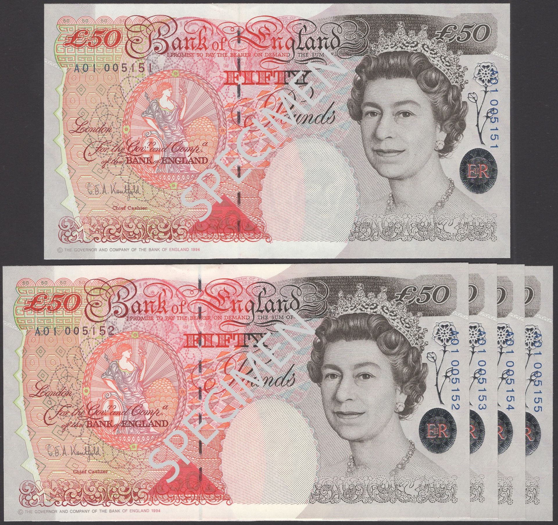 Bank of England, Graham E. A. Kentfield, Â£50 (5), 20 April 1994, serial number A01 005151-15...