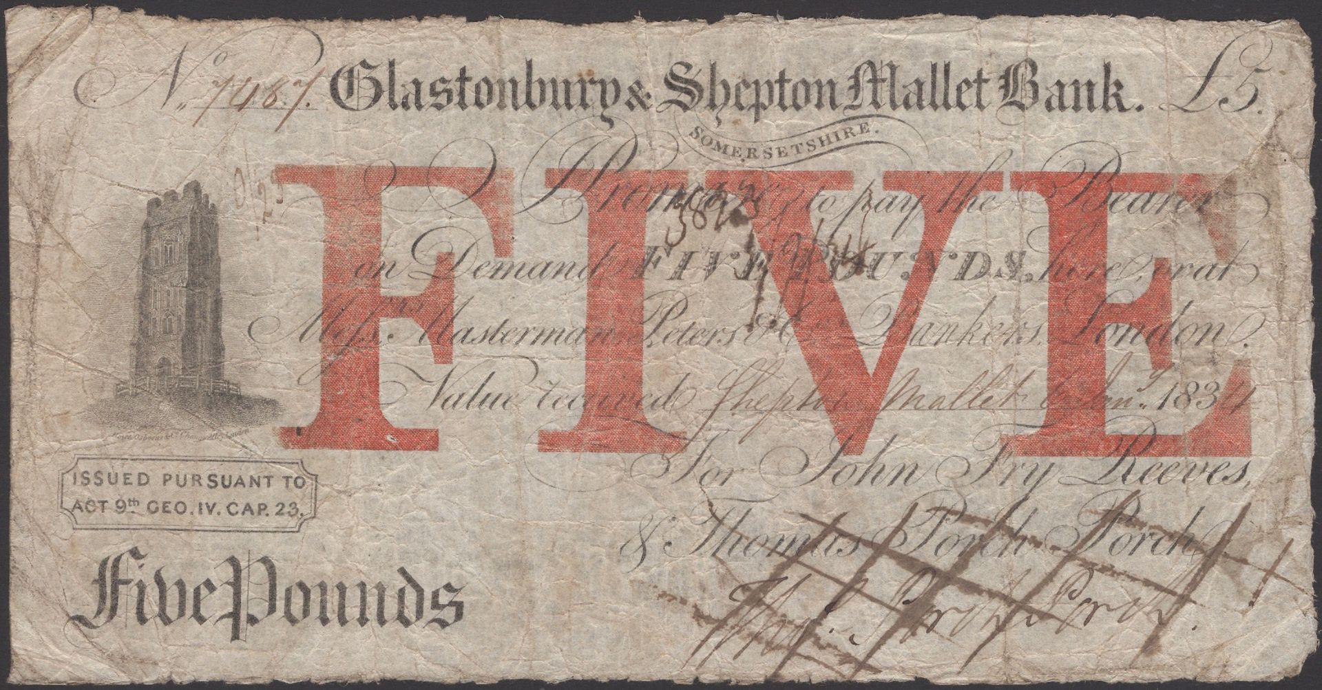 Glastonbury & Shepton Mallet Bank, for John Fry Reeves & Thomas Porch Porch, Â£5, Shepton Mal...