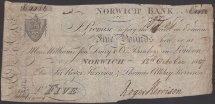 Norwich Bank, for Sir Roger Harrison & Thomas Allday Kerrison, Â£5, 12 October 1827, serial n...