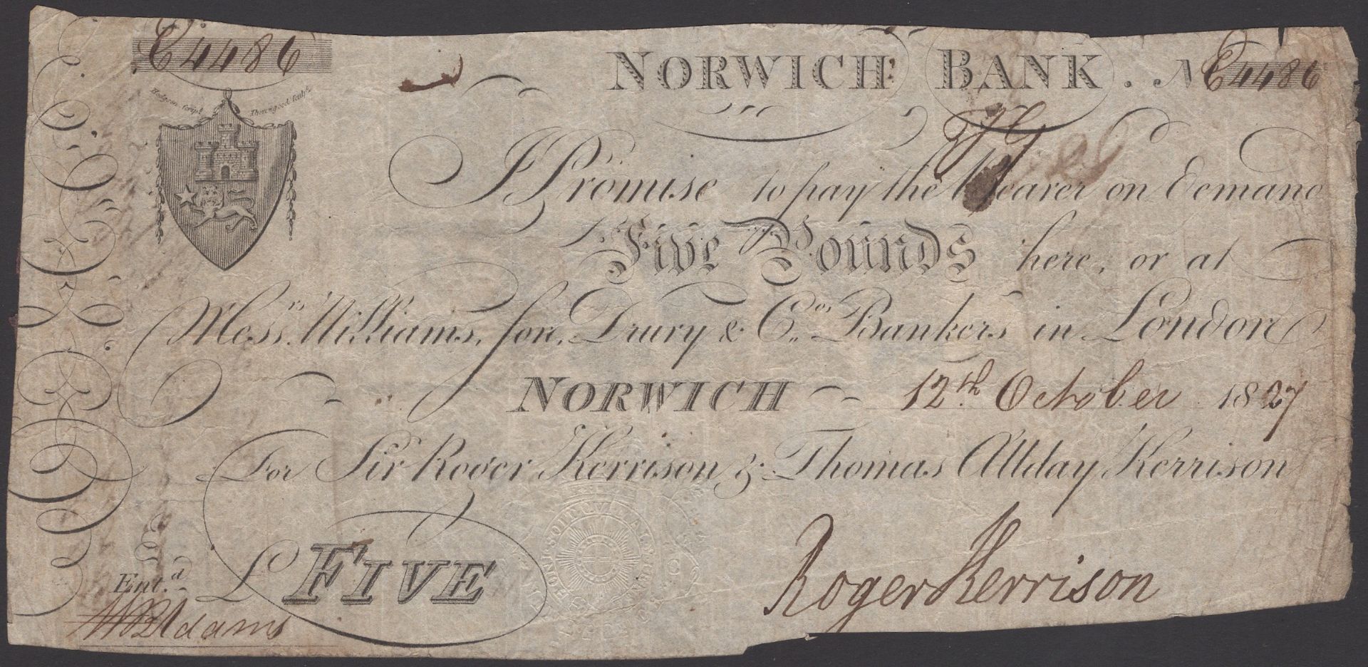 Norwich Bank, for Sir Roger Harrison & Thomas Allday Kerrison, Â£5, 12 October 1827, serial n...