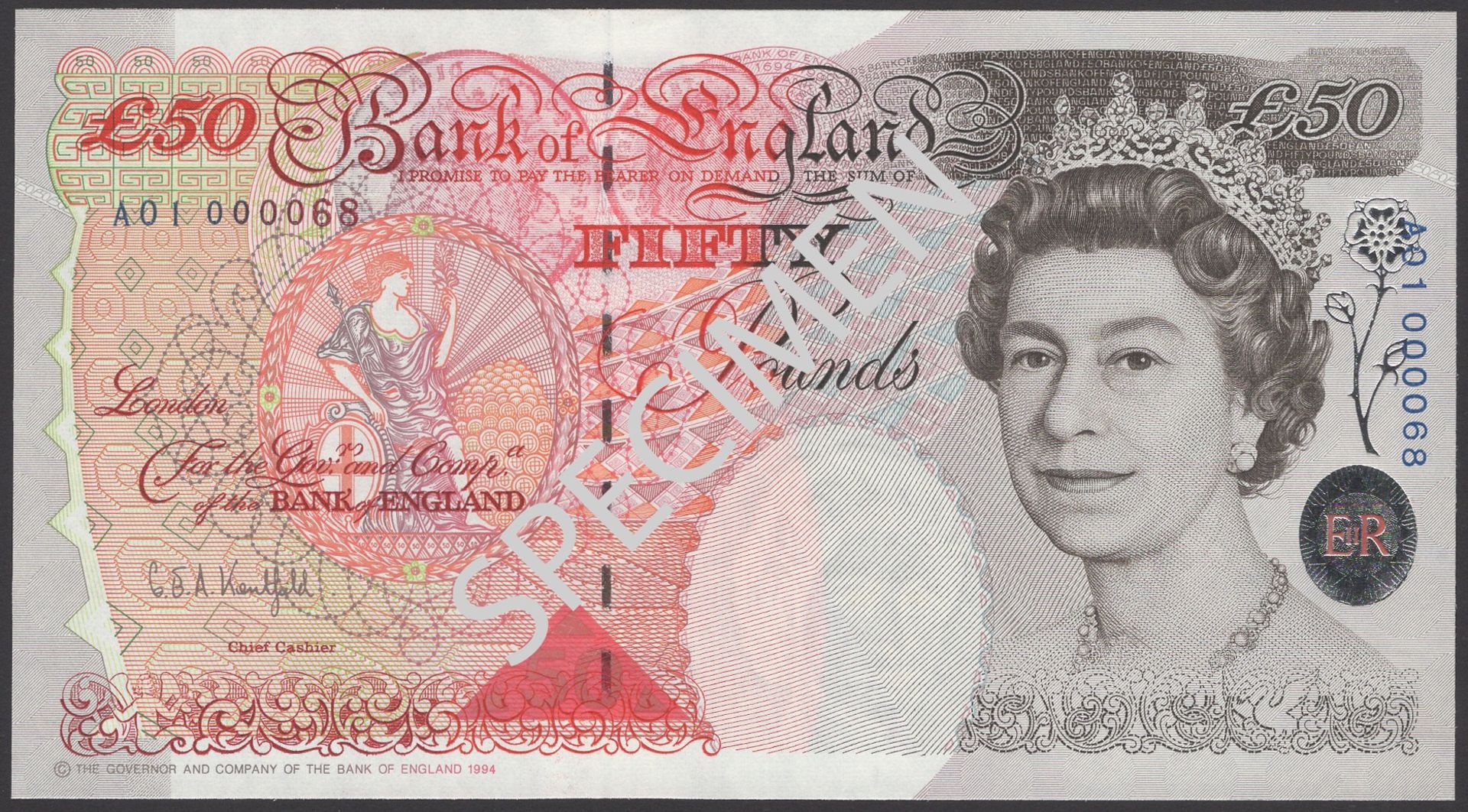 Bank of England, Graham E. A. Kentfield, Â£50, 20 April 1994, serial number A01 000068, origi...