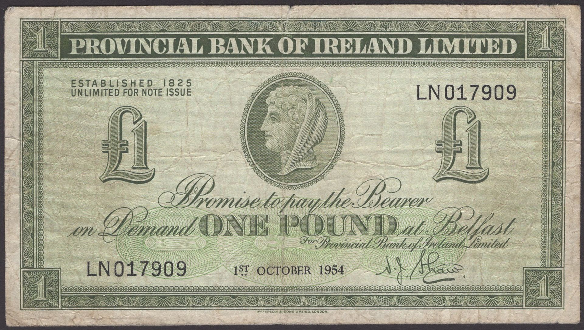Provincial Bank of Ireland Ltd, Â£1, 1 October 1954, serial number LN017909, Shaw signature,...