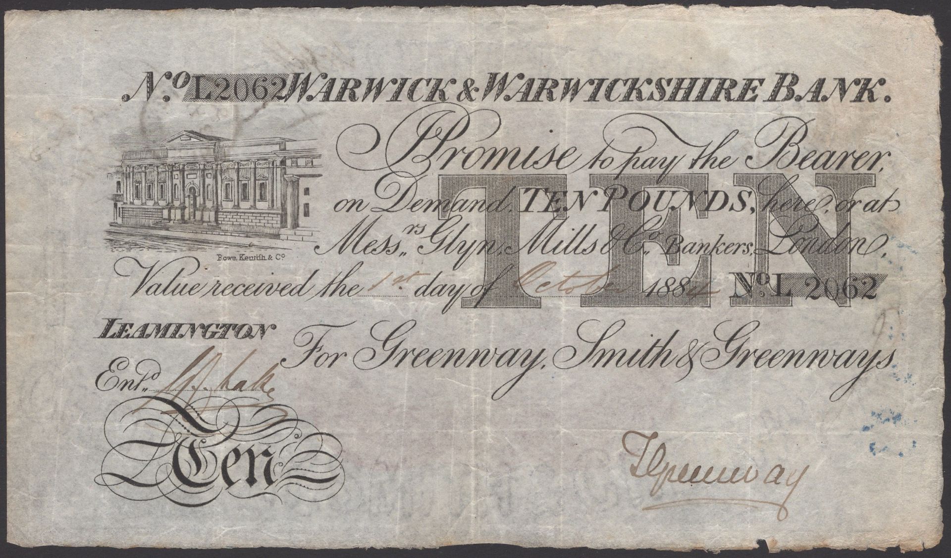 Warwick & Warwickshire Bank, for Greenway, Smith & Greenways, Â£10, 1 October 1884, serial nu...