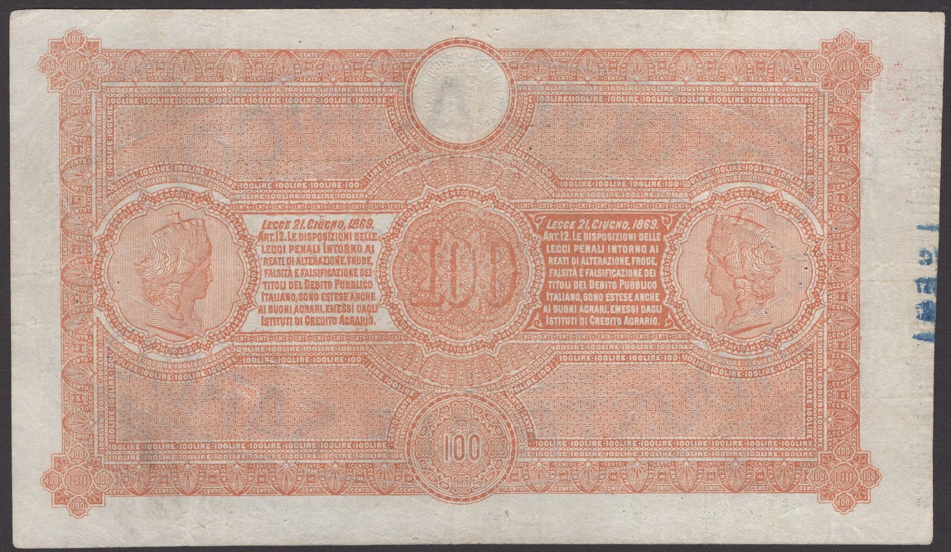 Credito Agricolo Industriale Sardo, Italy, 100 Lire, 1 March 1874, serial number E 0687, emb... - Image 2 of 2