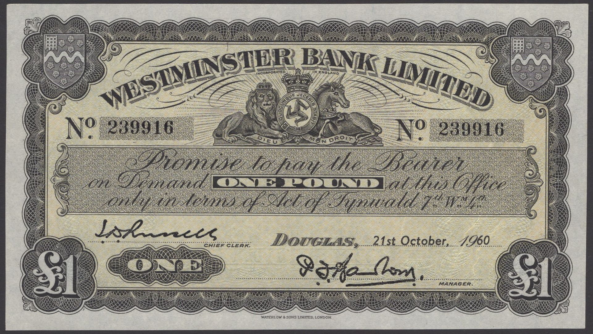 Westminster Bank Limited, Â£1, 21 October 1960, serial number 239916, Barlow and Russell sign...