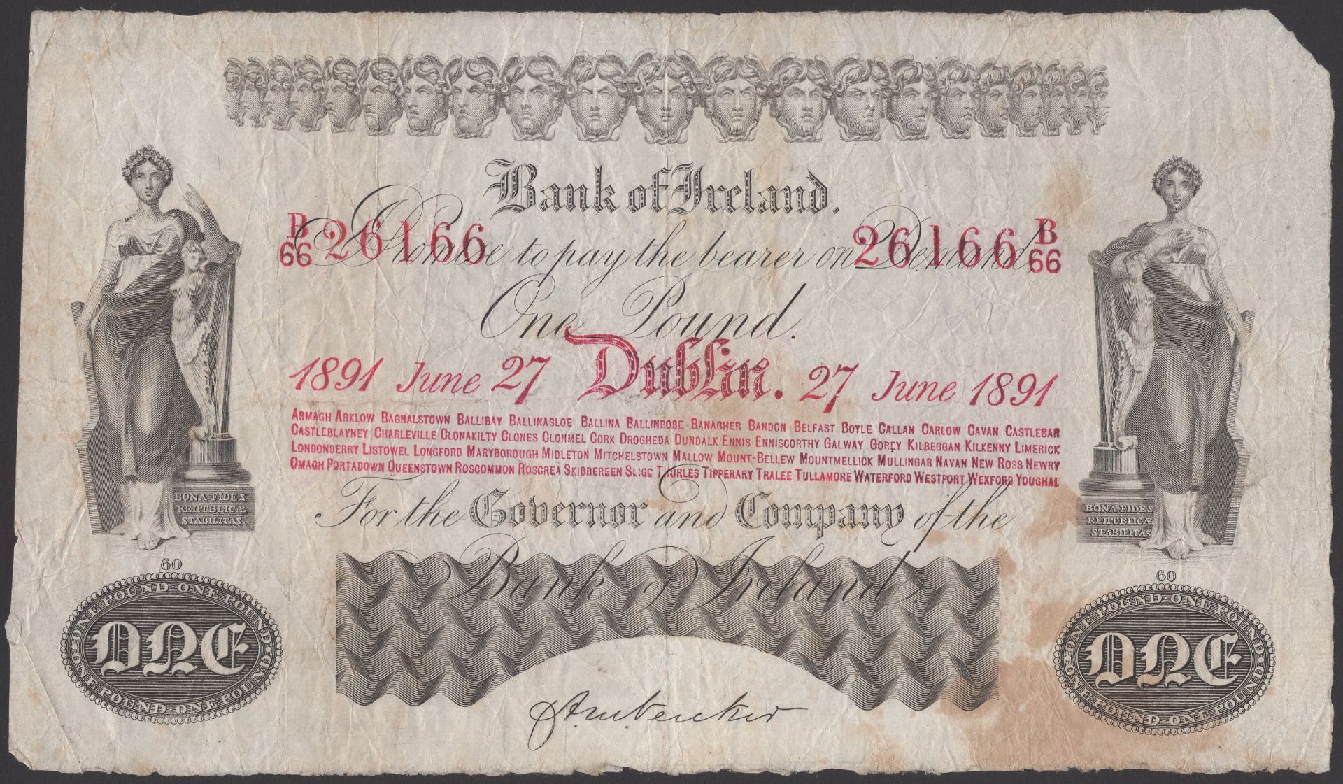 Bank of Ireland, Â£1, 27 June 1891, serial number B/66 26166, printed Vereker signature, nice...