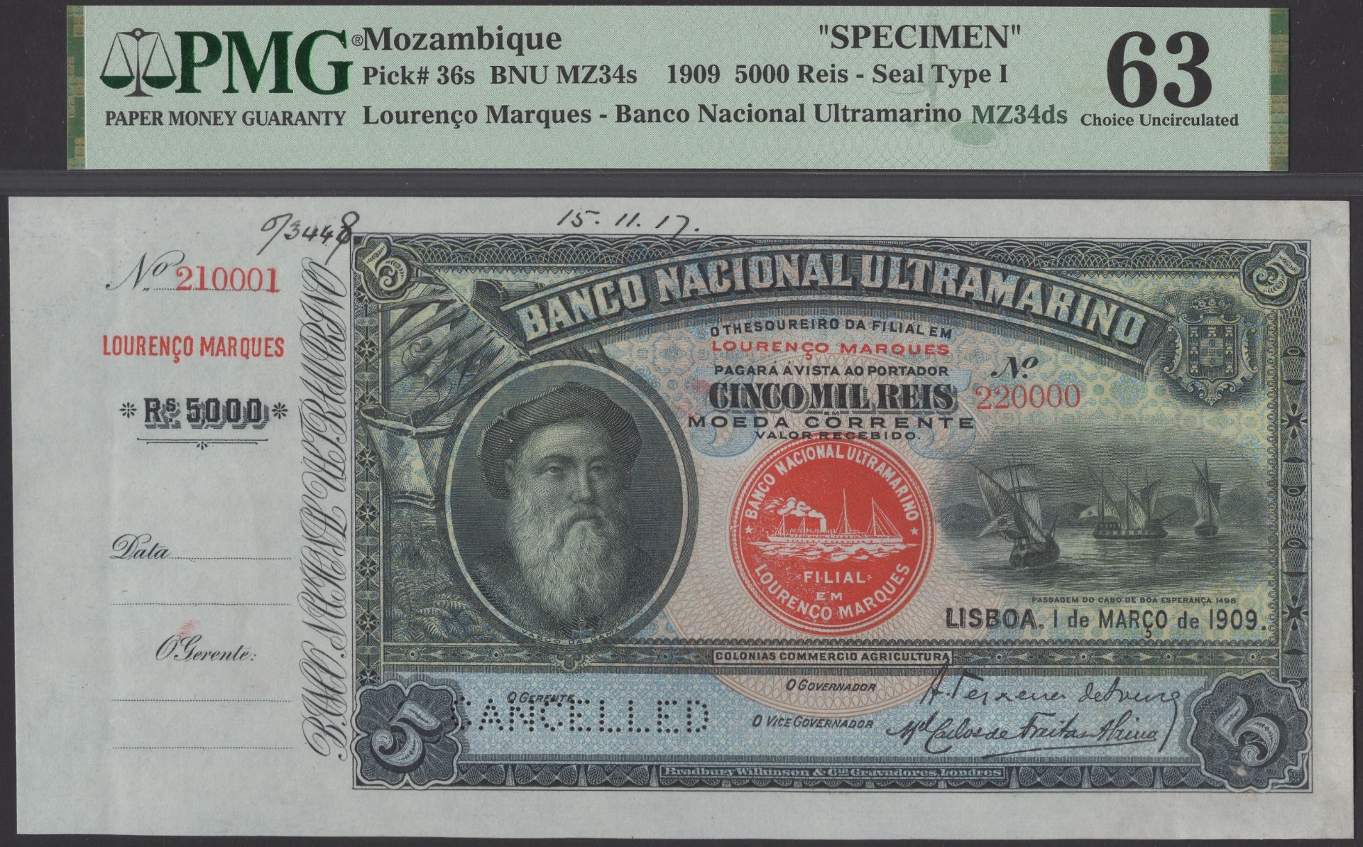 Banco Nacional Ultramarino, Mozambique, printers archival specimen 5 Mil Reis, 1 March 1909,...