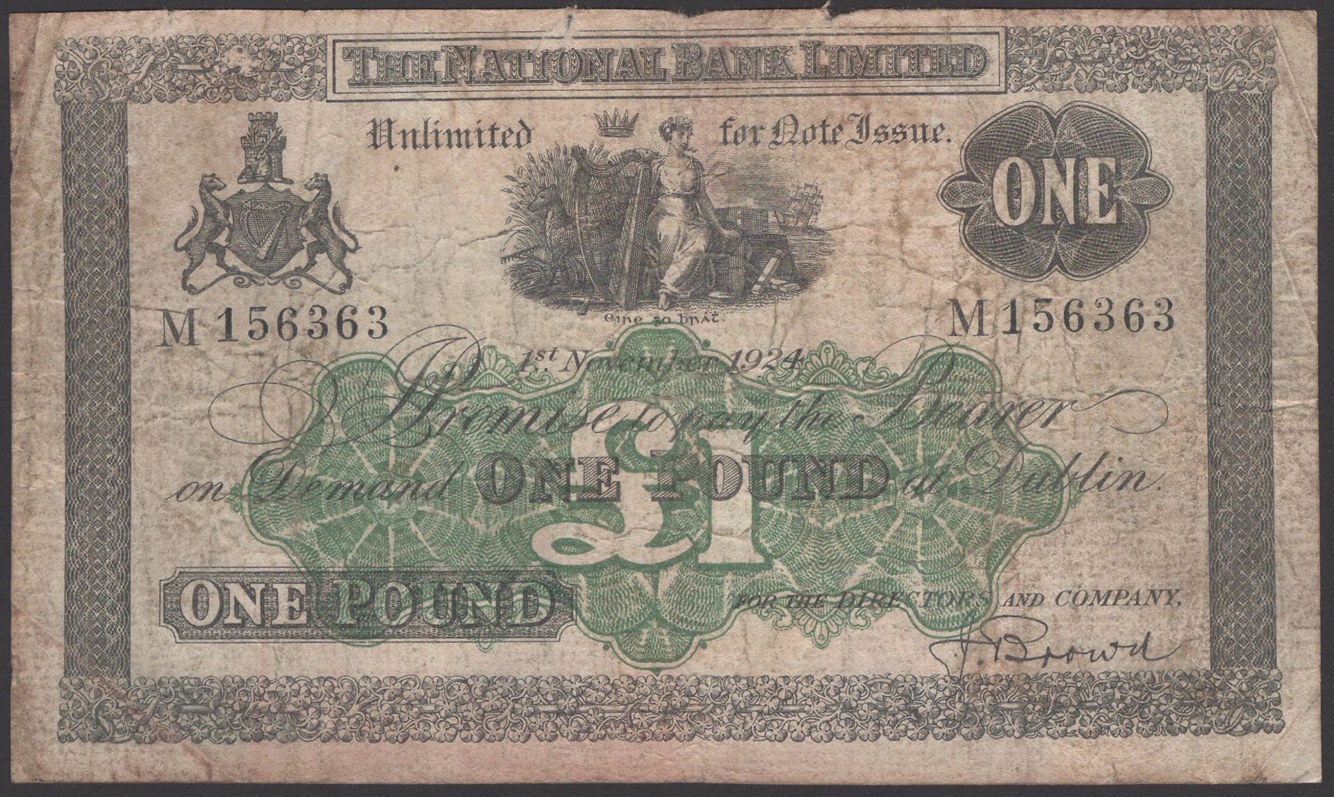 The National Bank Limited, Â£1, 1 November 1924, serial number M156363, Brown signature, orig...