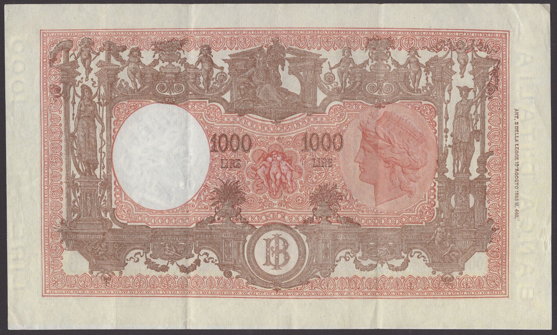 Banca d'Italia, 1000 Lire, 22 November 1947, serial number W 3581 072278, Einaudi-Urbini sig... - Image 2 of 2