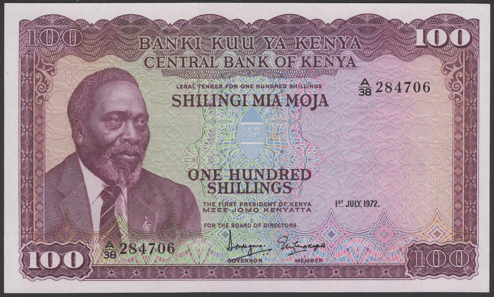 Central Bank of Kenya, 10, 20, 50 and 100 Shillings, 1974, 1973, 1971 and 1972, Ndegwa and N...