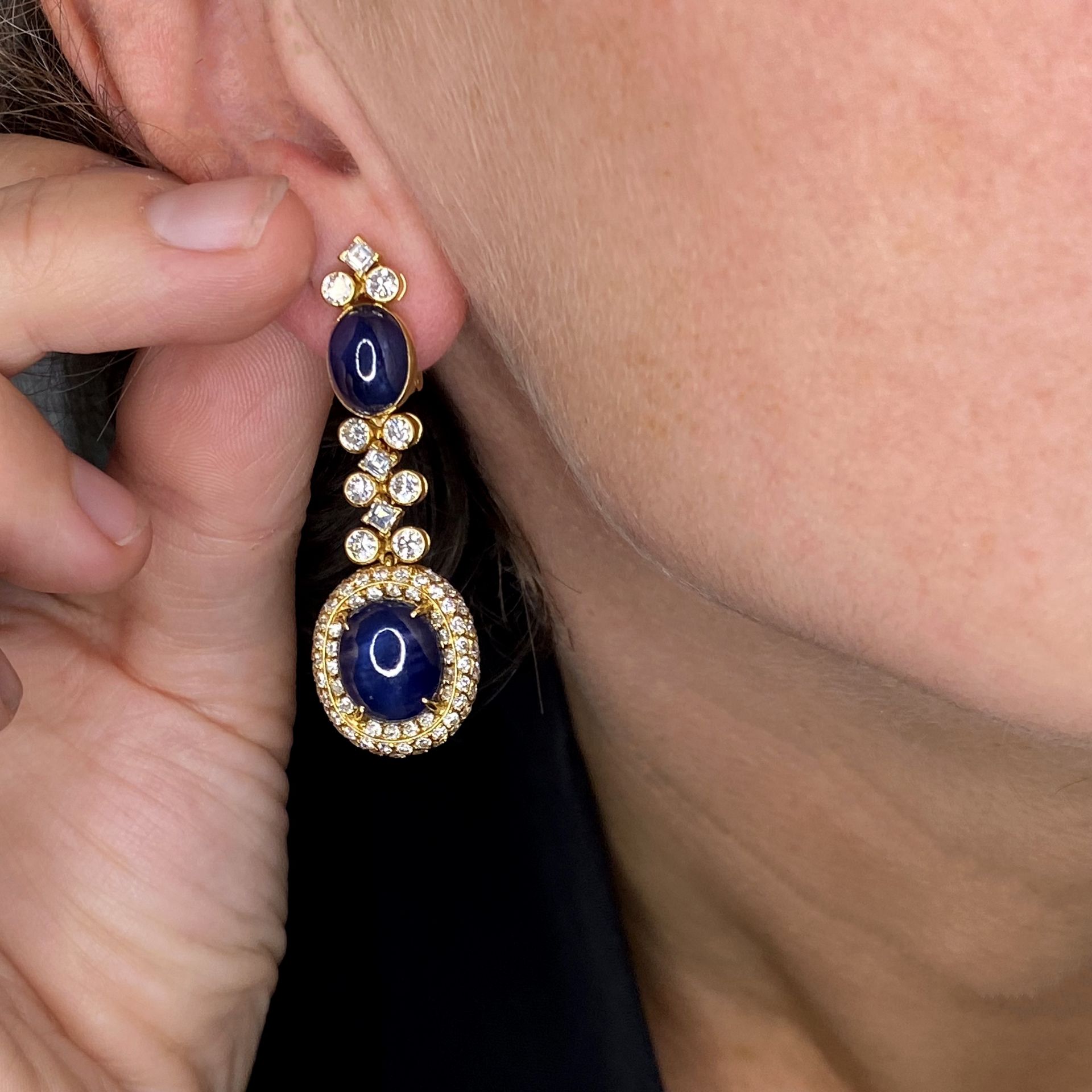 A pair of sapphire and diamond ear clips by O.J Perrin, circa 1965, the articulated drops ea... - Image 3 of 3