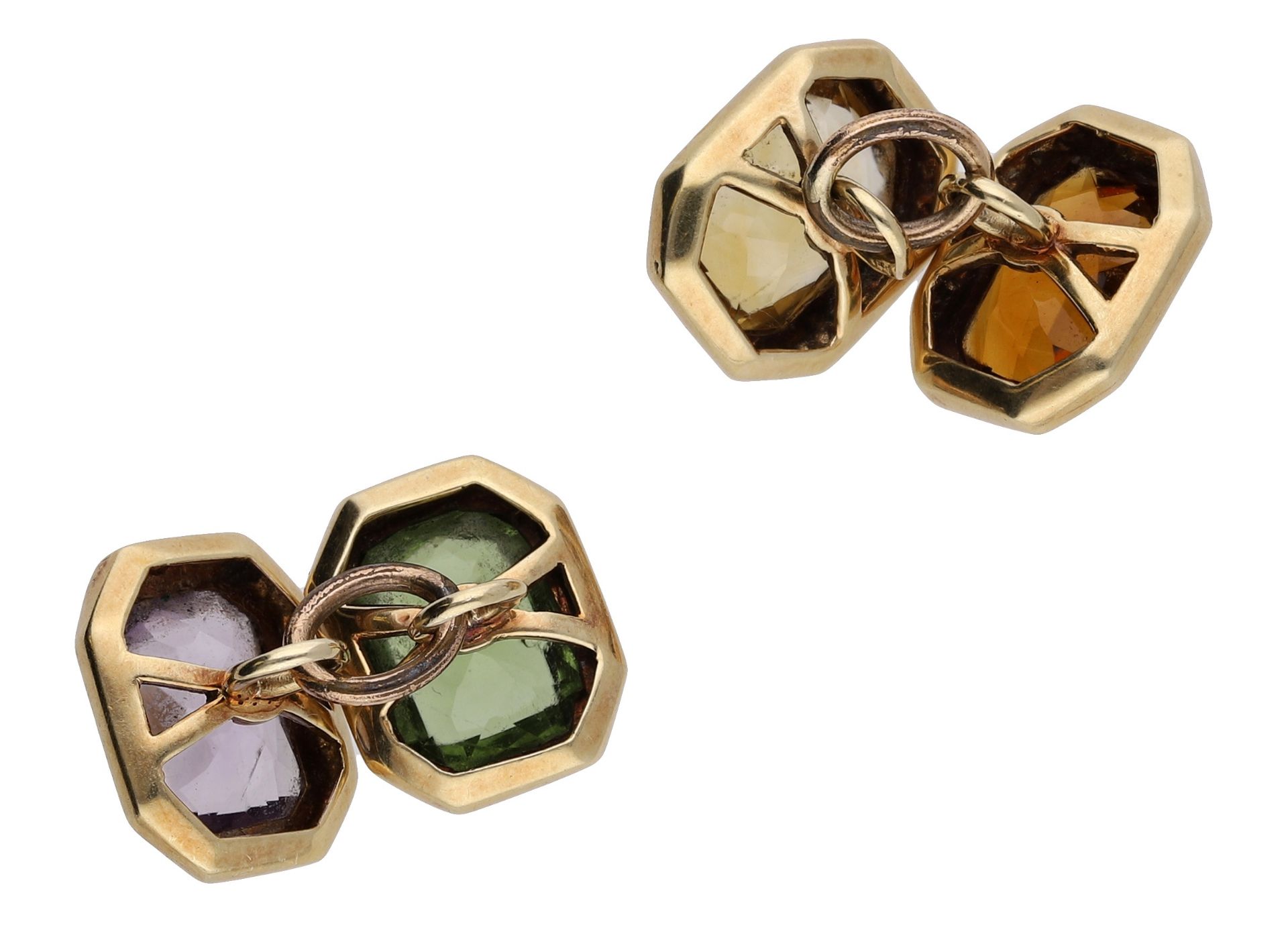 A pair of gem-set cufflinks, set with a combination of octagonal-cut peridot, amethyst and c... - Image 2 of 3