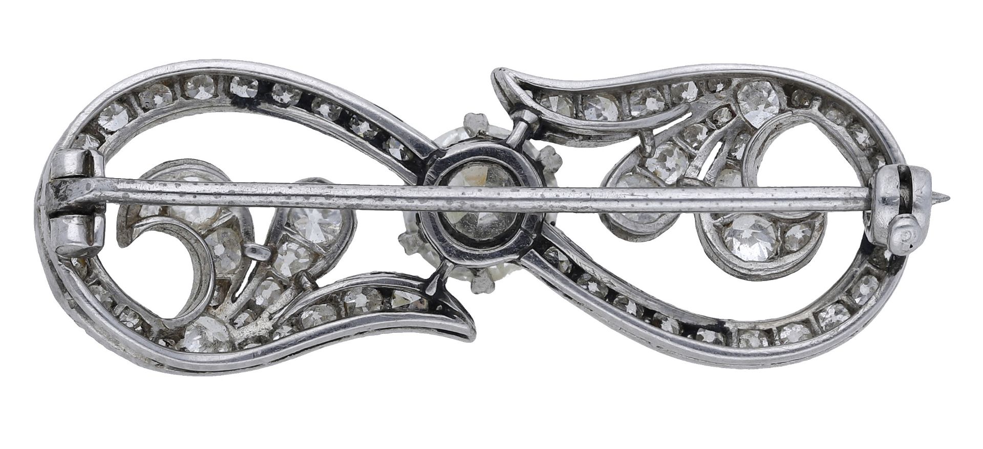 An early 20th century diamond scroll brooch, set throughout with old and single-cut diamonds... - Image 2 of 3