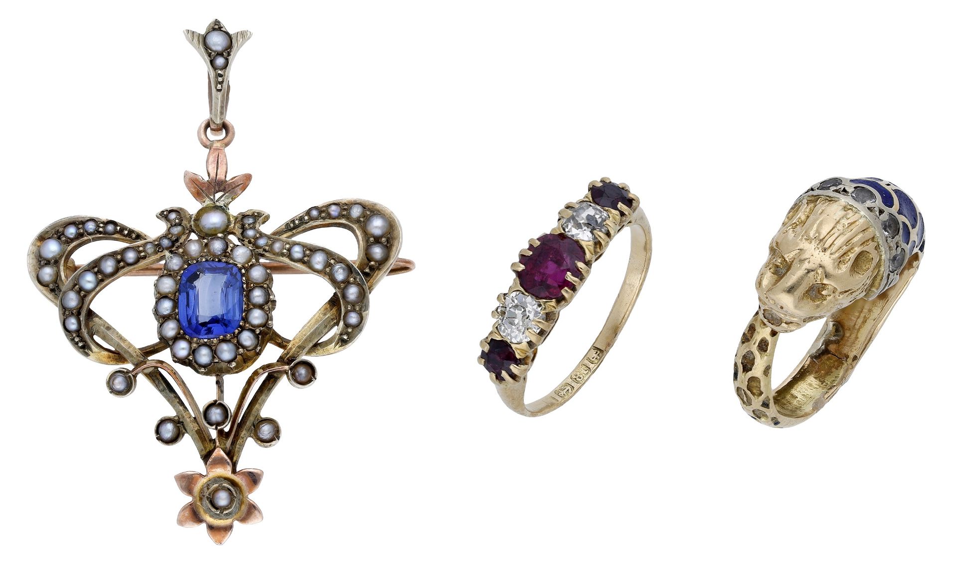 A small collection of jewellery, comprising an early 20th century blue stone and seed pearl...